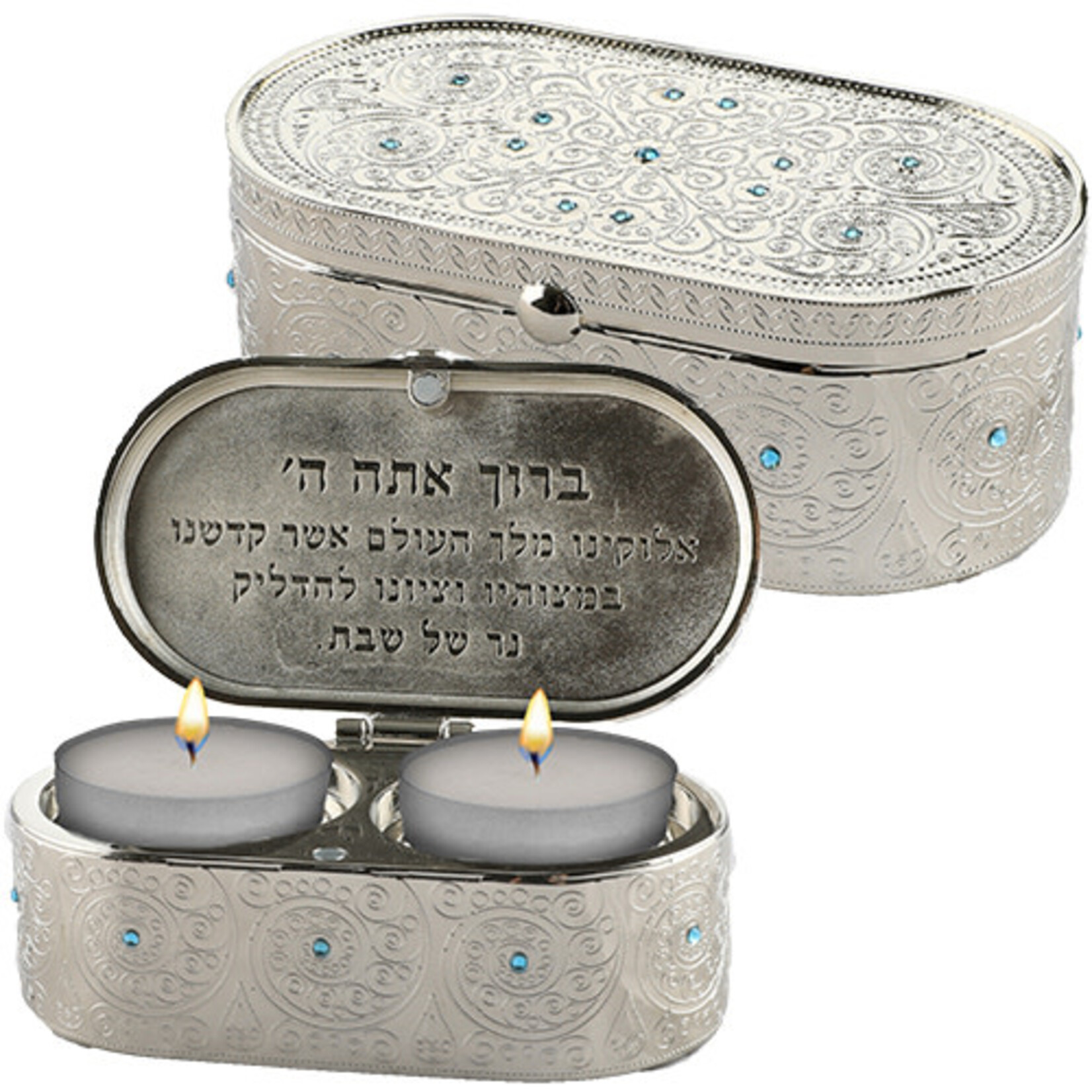 Nickel Candle Holders for Travel - Decorated w/ Lt. Blue Stones