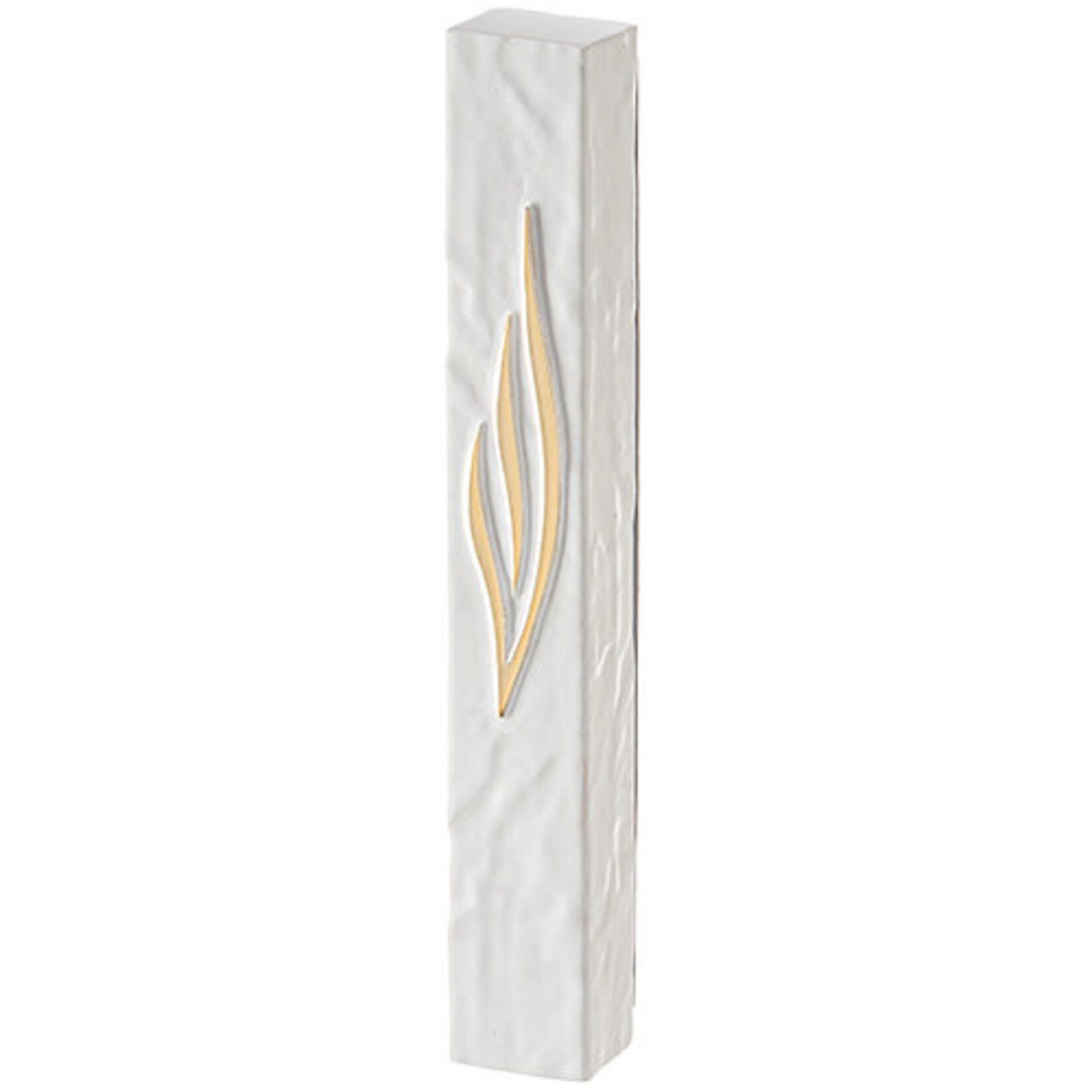 Textured Stone Like Mezuzah Case - White w/ Gold Shin
