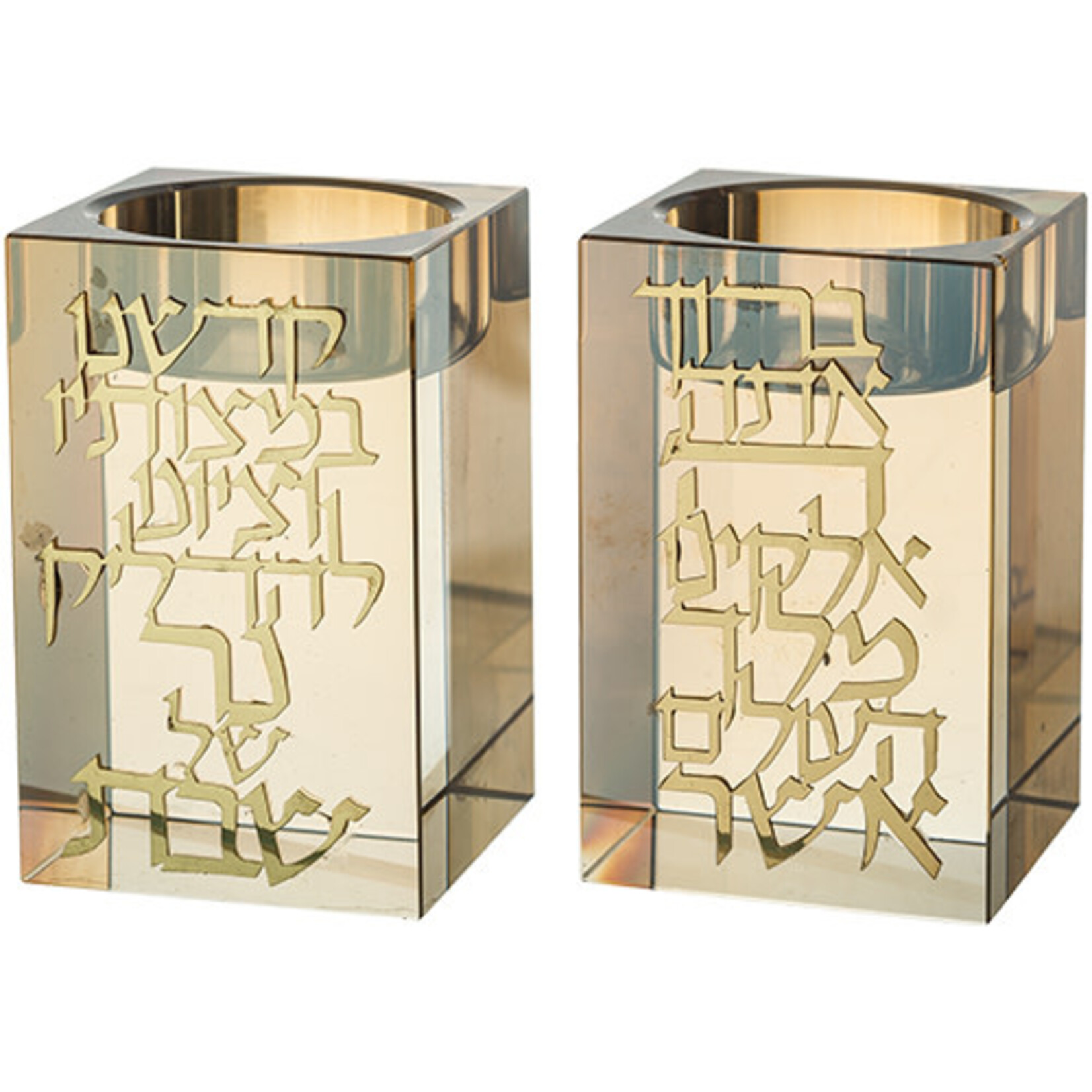Short Crystal Candlesticks w/ Blessing - Amber