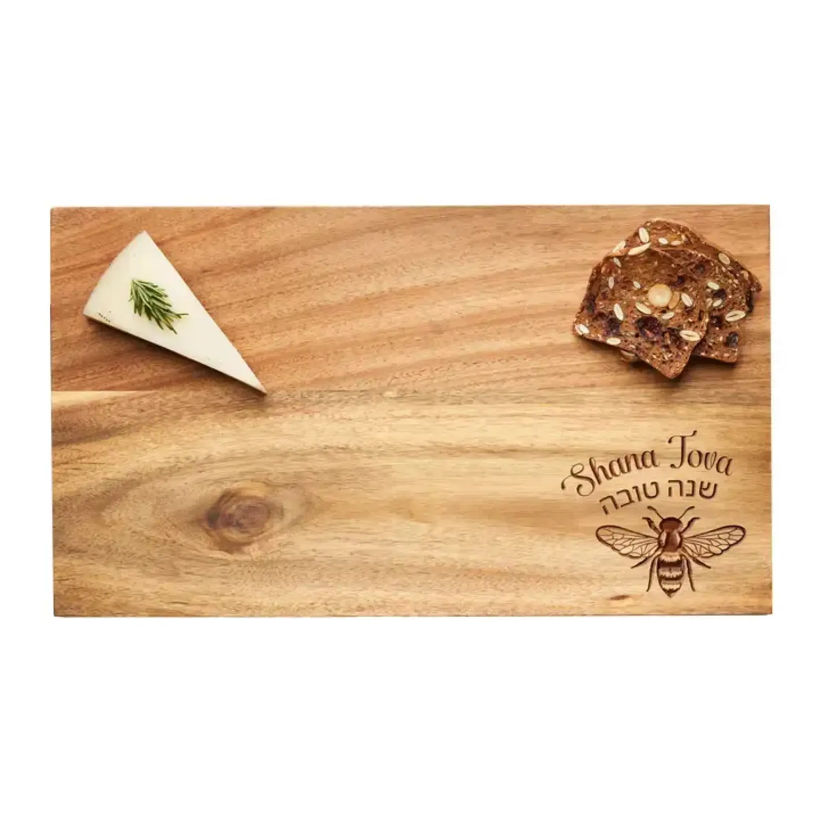 Acacia Rectangle Board | Shana Tova with Honeybee - 14x8"