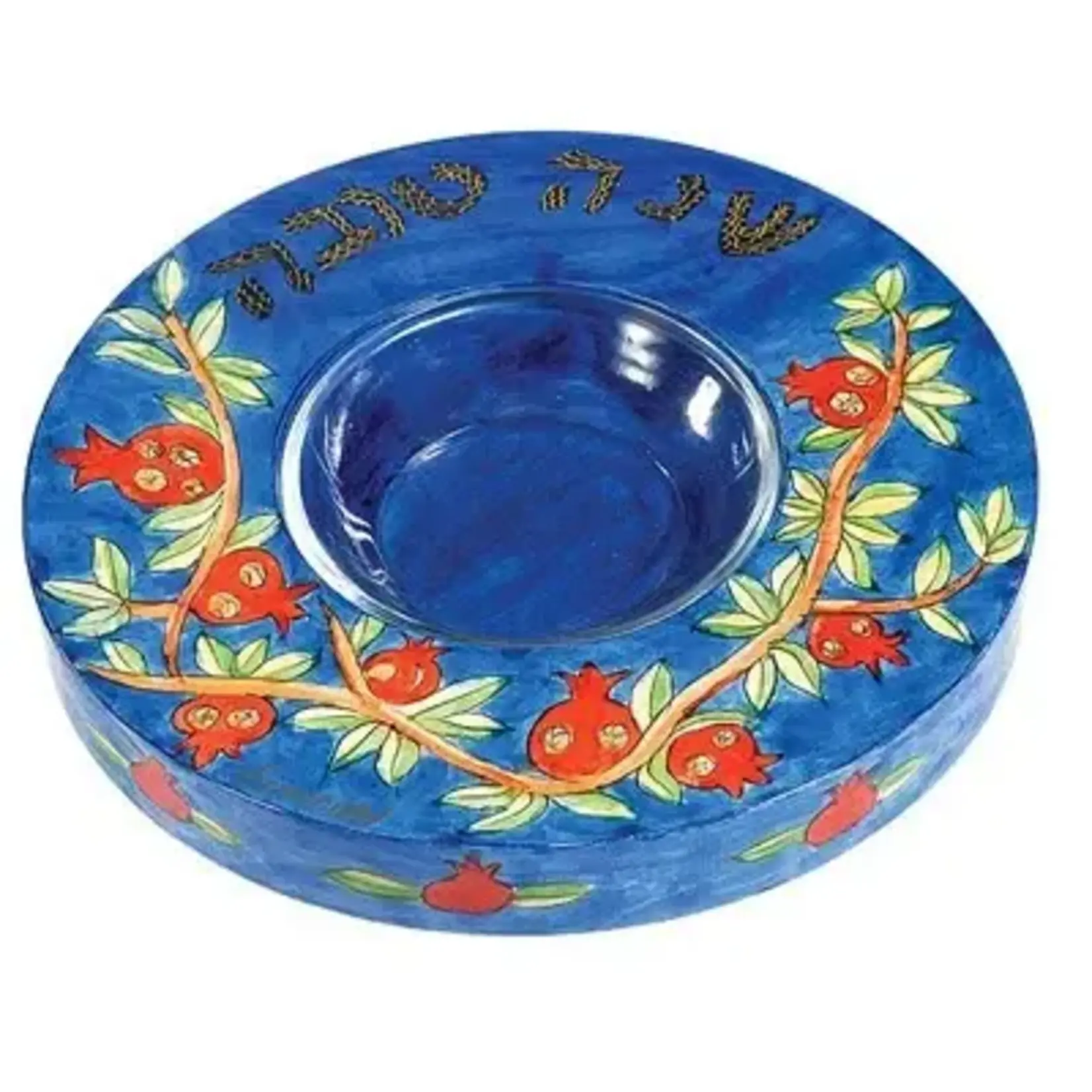 Wood Painted Honey Plate Pomegranates