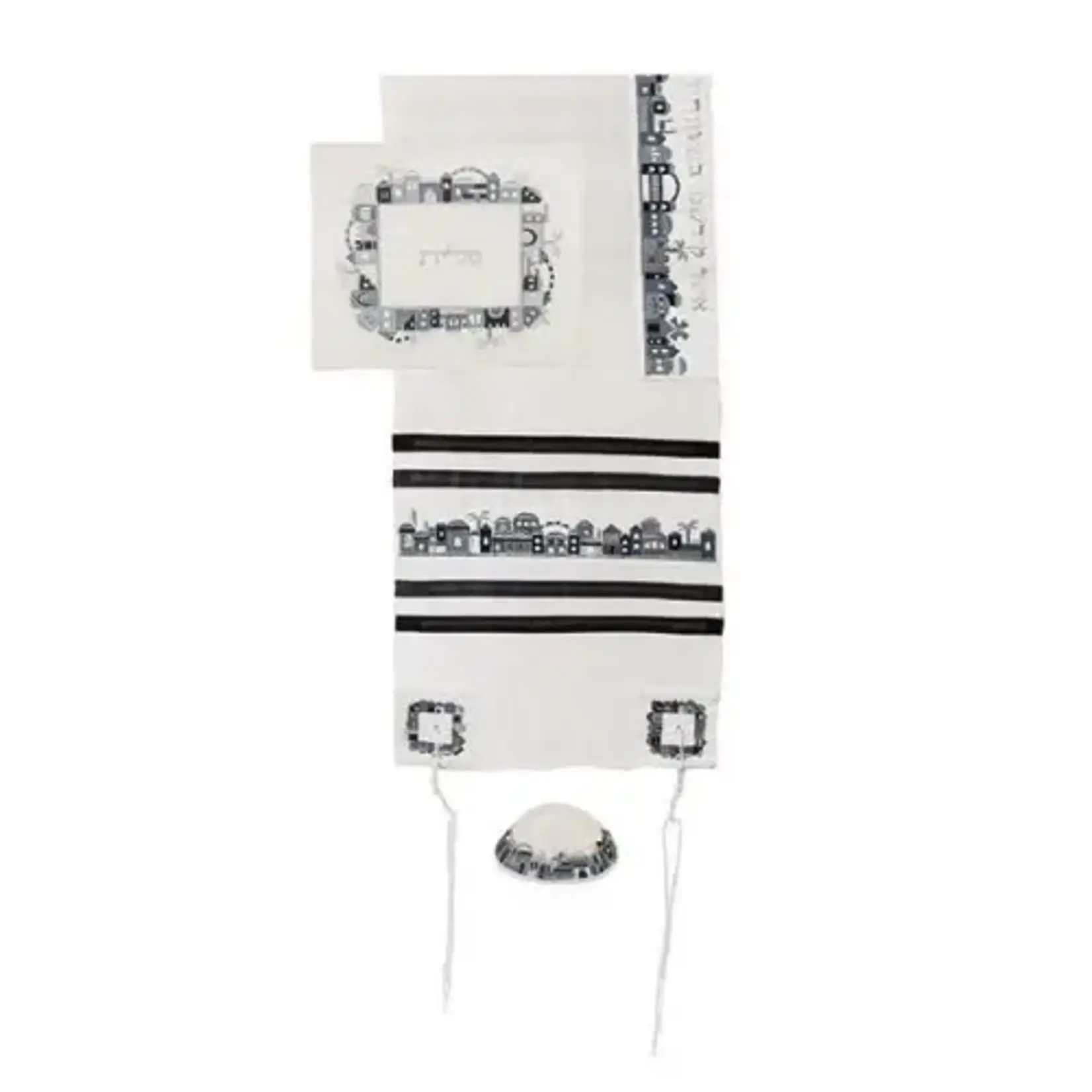 Machine Embroidered  Jerusalem Tallit Set-Black