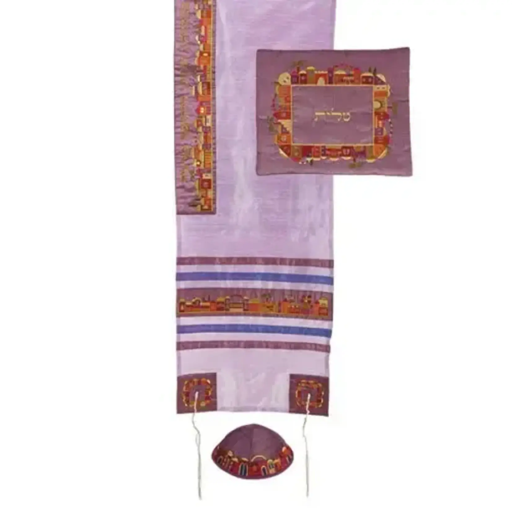 Machine Embroidered Jeruslaem Tallit Set-Purple