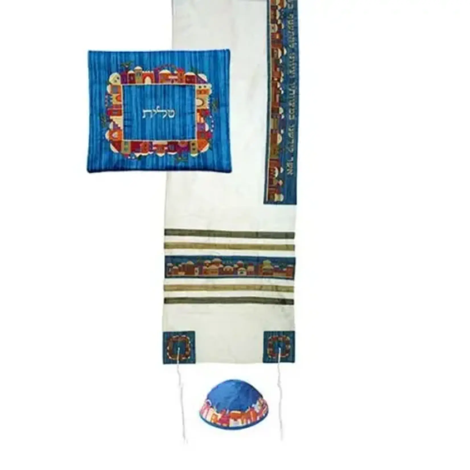 Machine Embroidered Jeruslaem Tallit Set-White/Blue