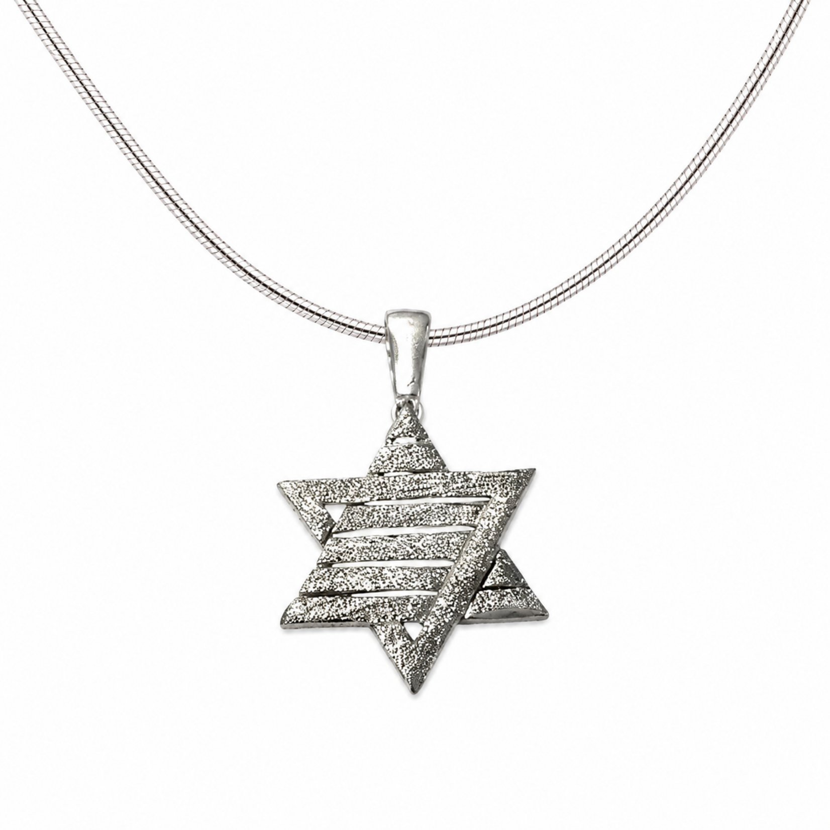 Sterling Silver Star of David Stripe Modern Pendant Brushed-18" Snake Chain