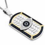 Men's Tri Tone Blue and Gold Stainless Steel Evil Eye Dog Tag Pendant with Blue Cubic Zirconia