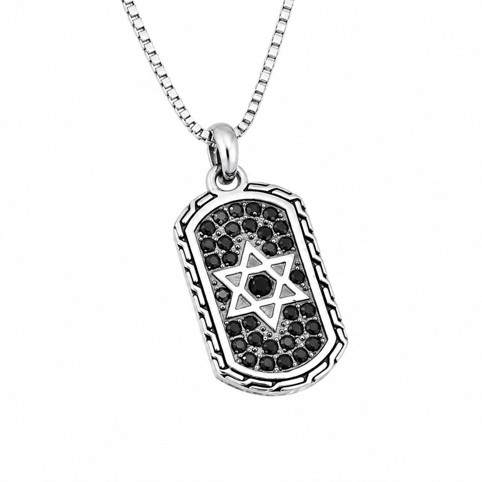 Men's Black Stainless Steel Star of David Dog Tag Pendant with Black Cubic Zirconia