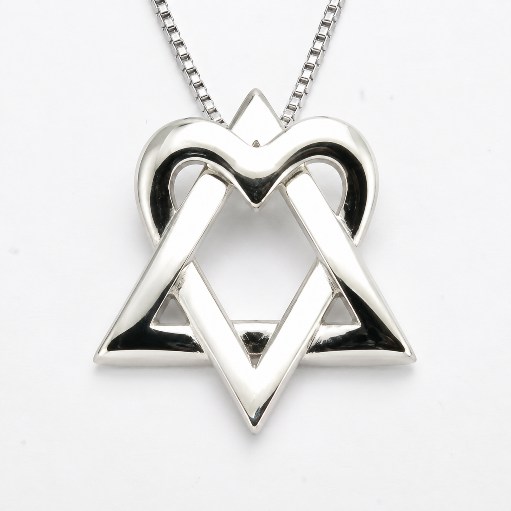 Sterling Jewish Silver Star of David Heart Pendant on SS 16" Box Chain