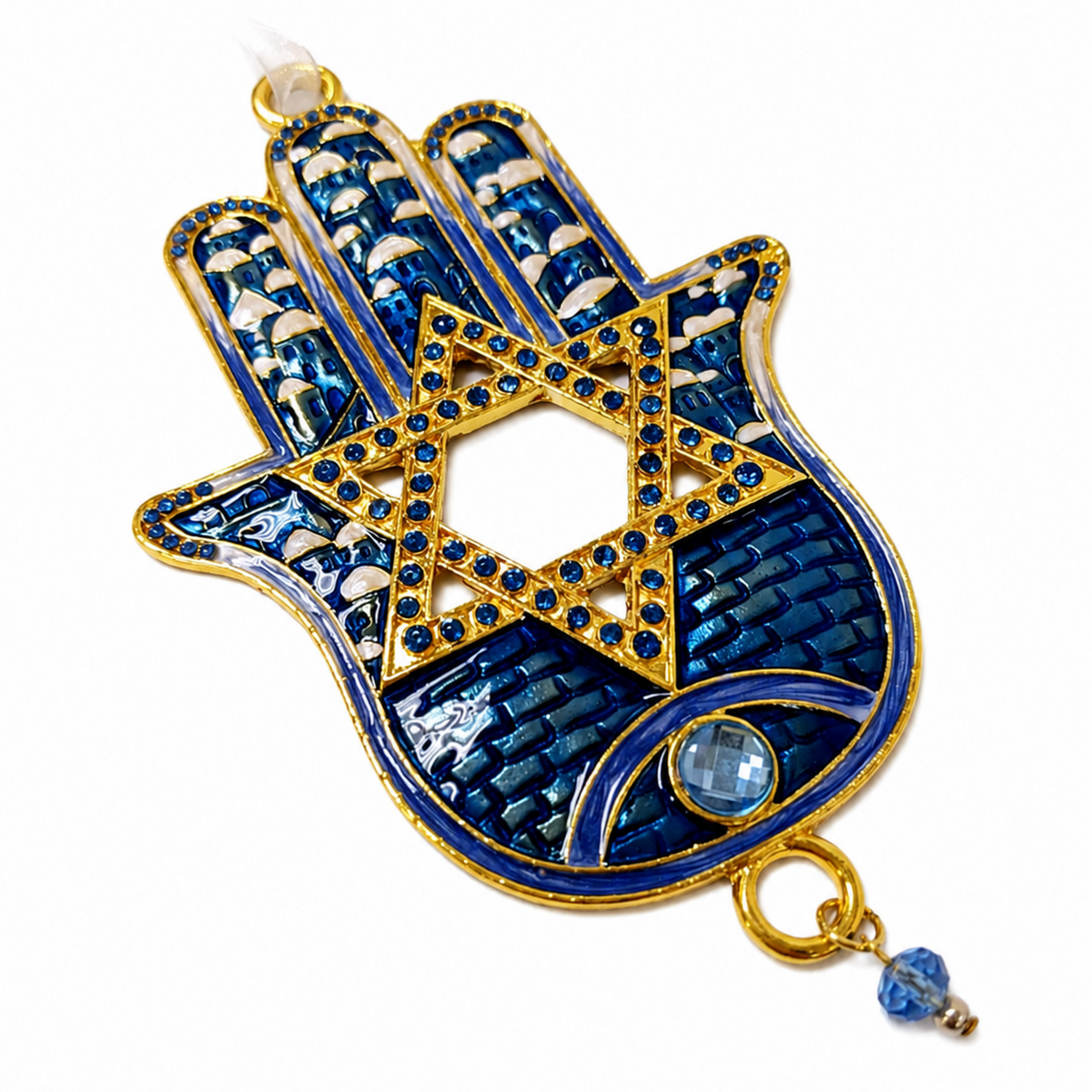 Blue Ornament Hamsa and Star of David Hand Painted Enamel with Crystals