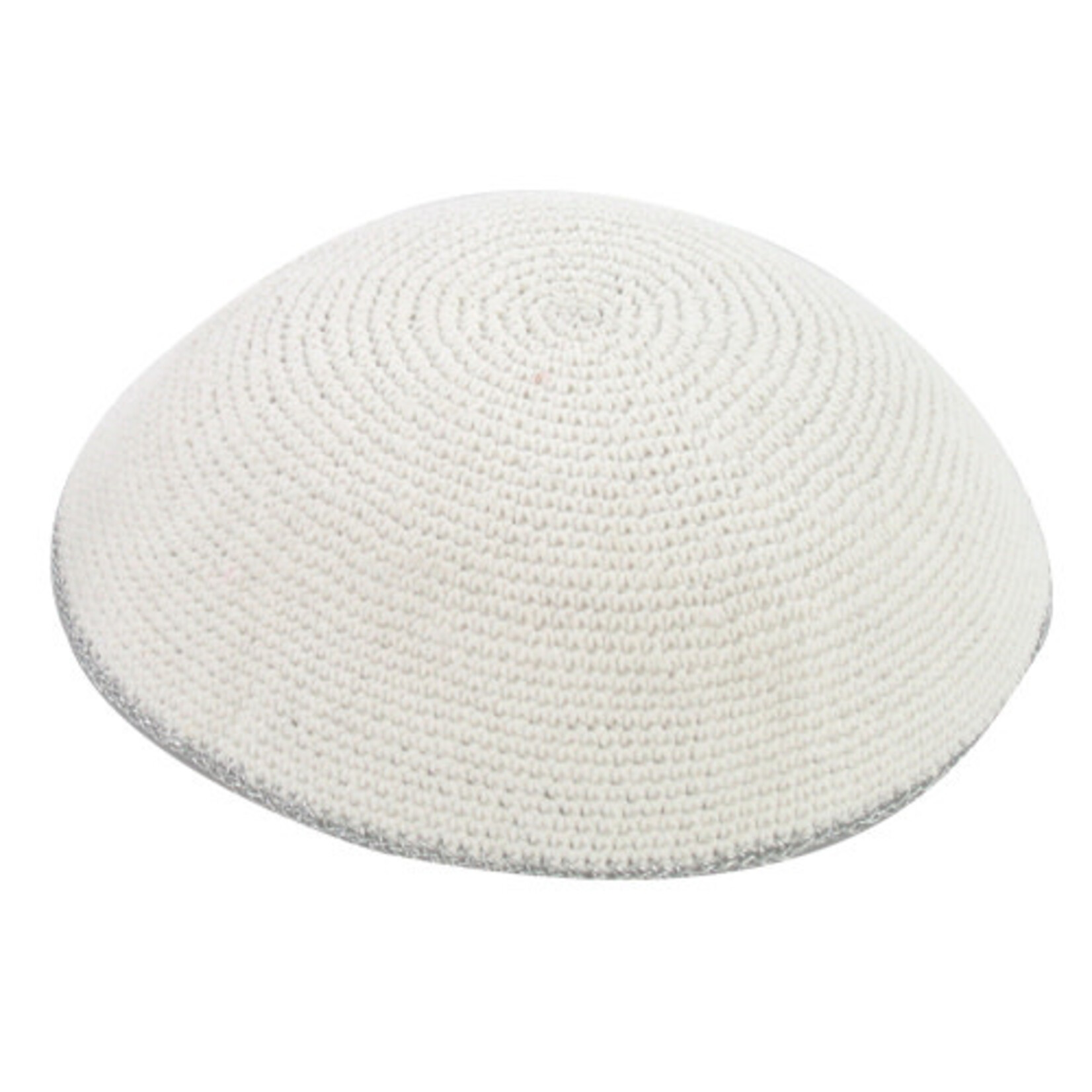 DMC White Knitted Kippah w/ Silver Rim - 18cm