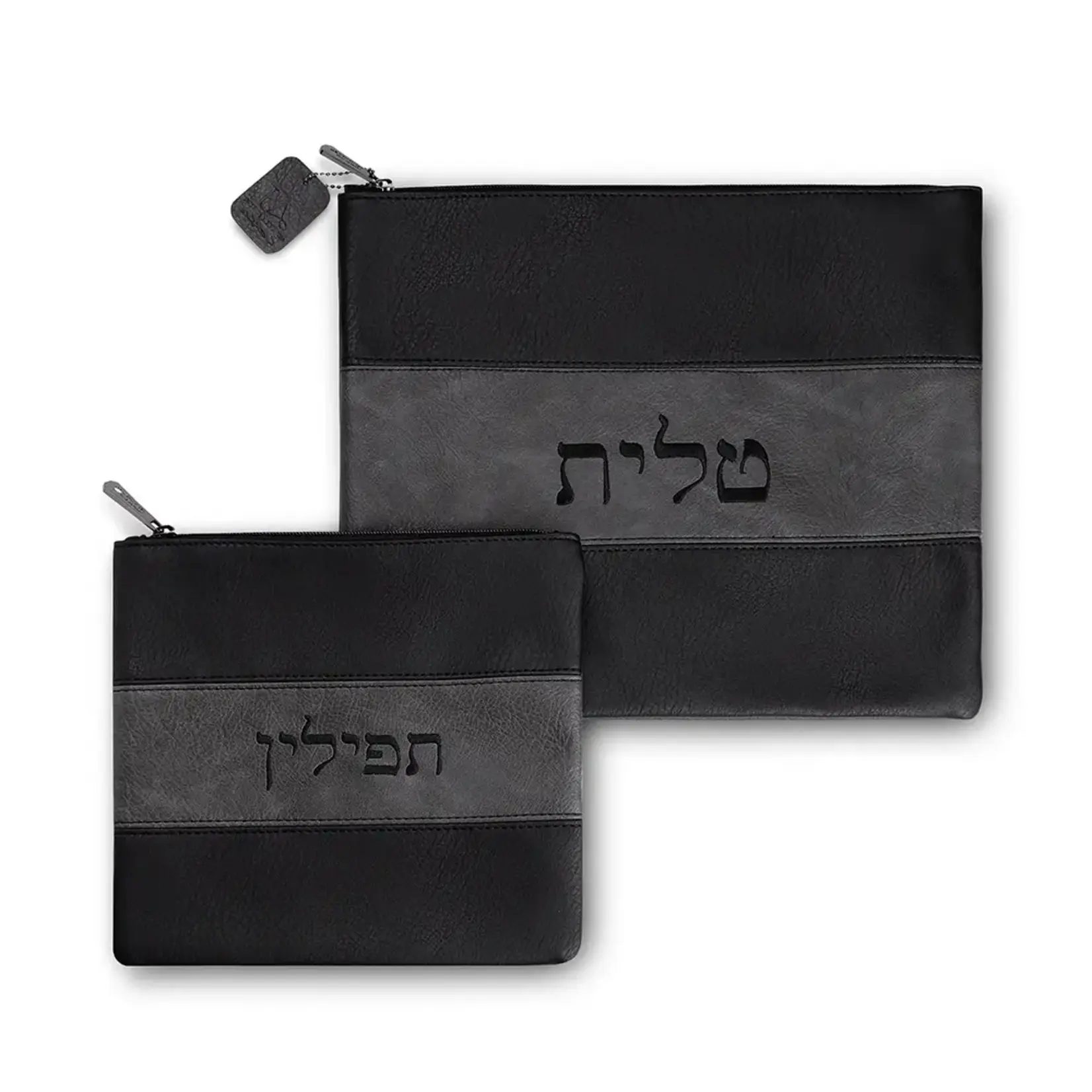 Leatherette Grey on Black Tallis and Tefillin Set