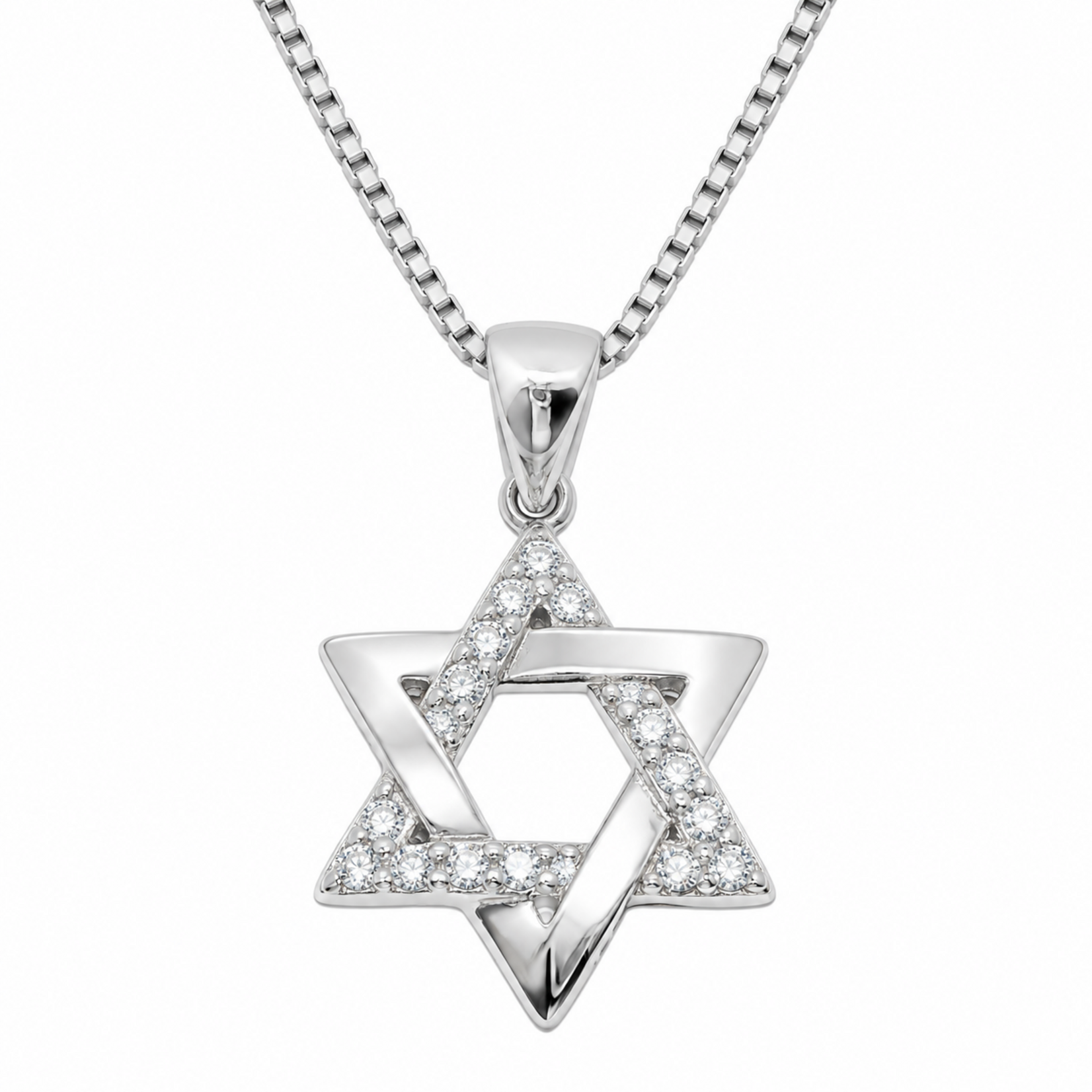 Sterling Silver Intertwined Cz & Plain Star of David Pendant on Chain
