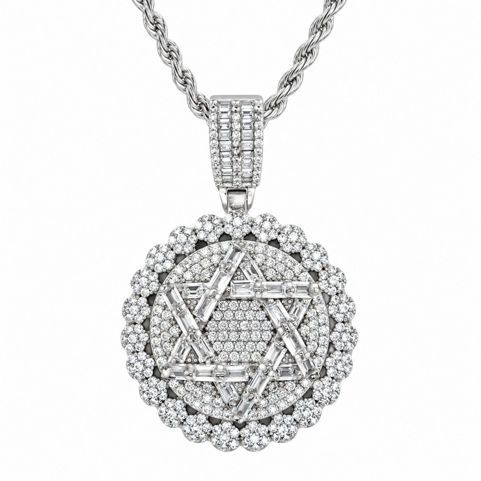 Sterling Silver Cz Round Star of David Pendant on Sterling Chain