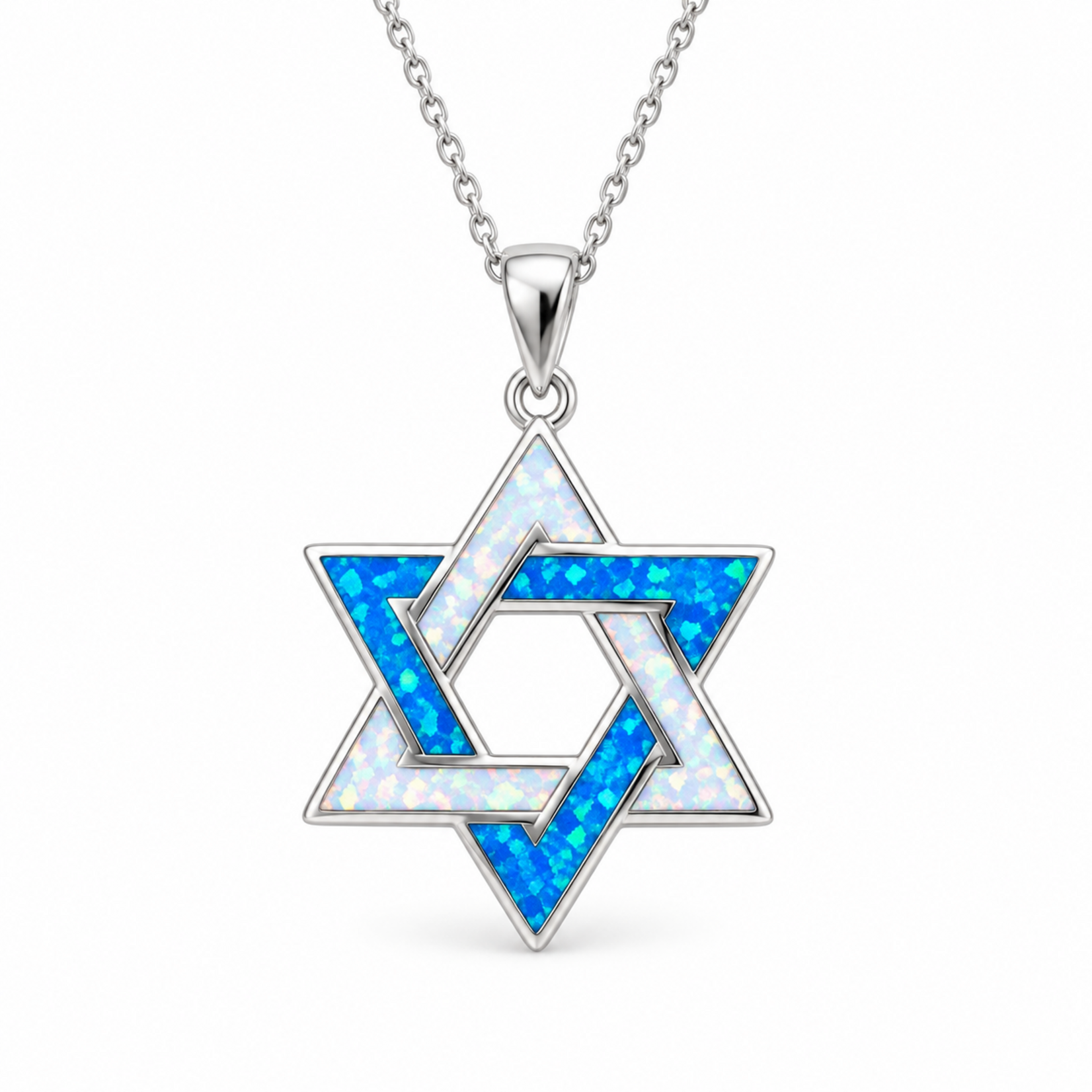Blue and White Opal Star of  David Necklace - Sterling Silver