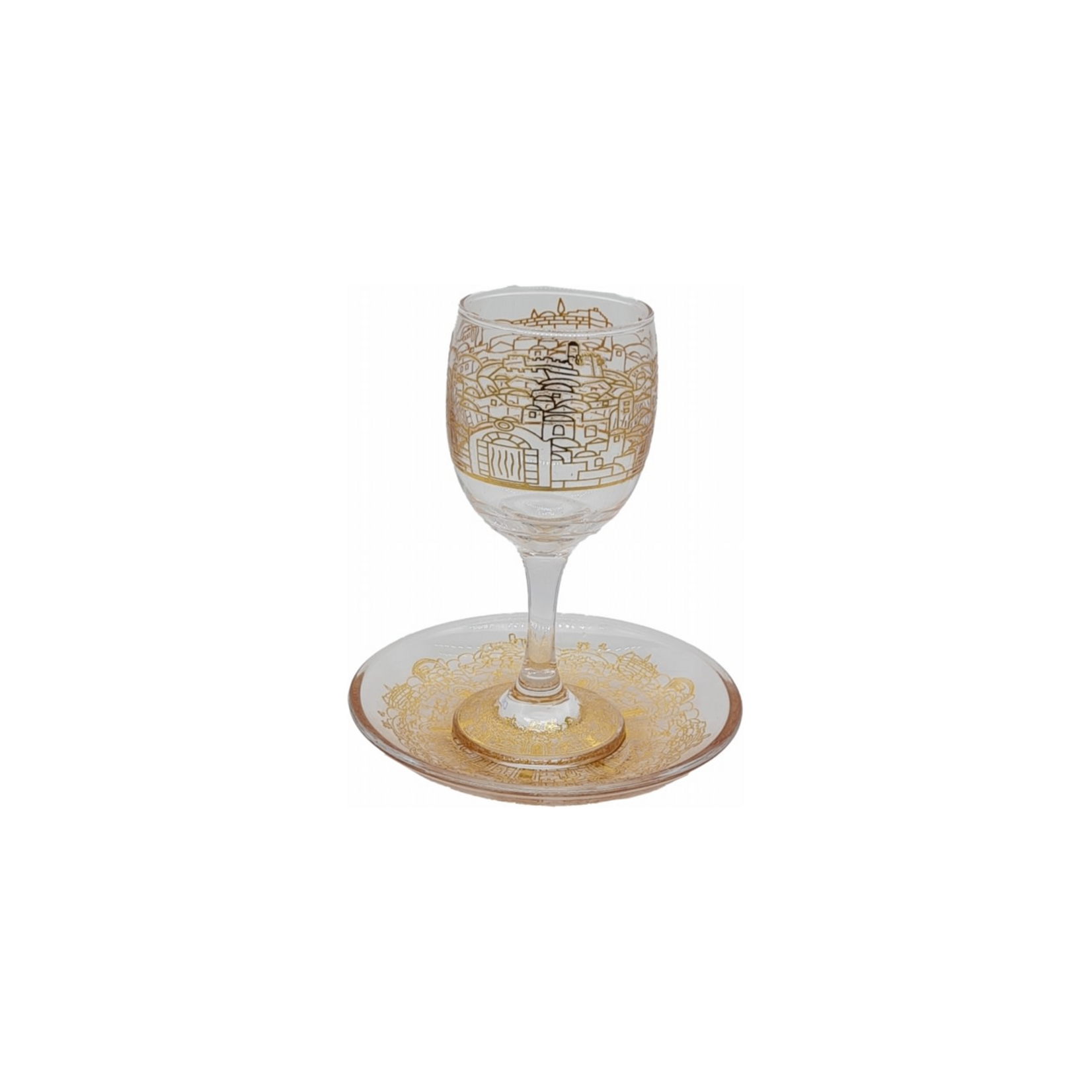 Gold Jerusalem Etched Kiddush Cup With Tray