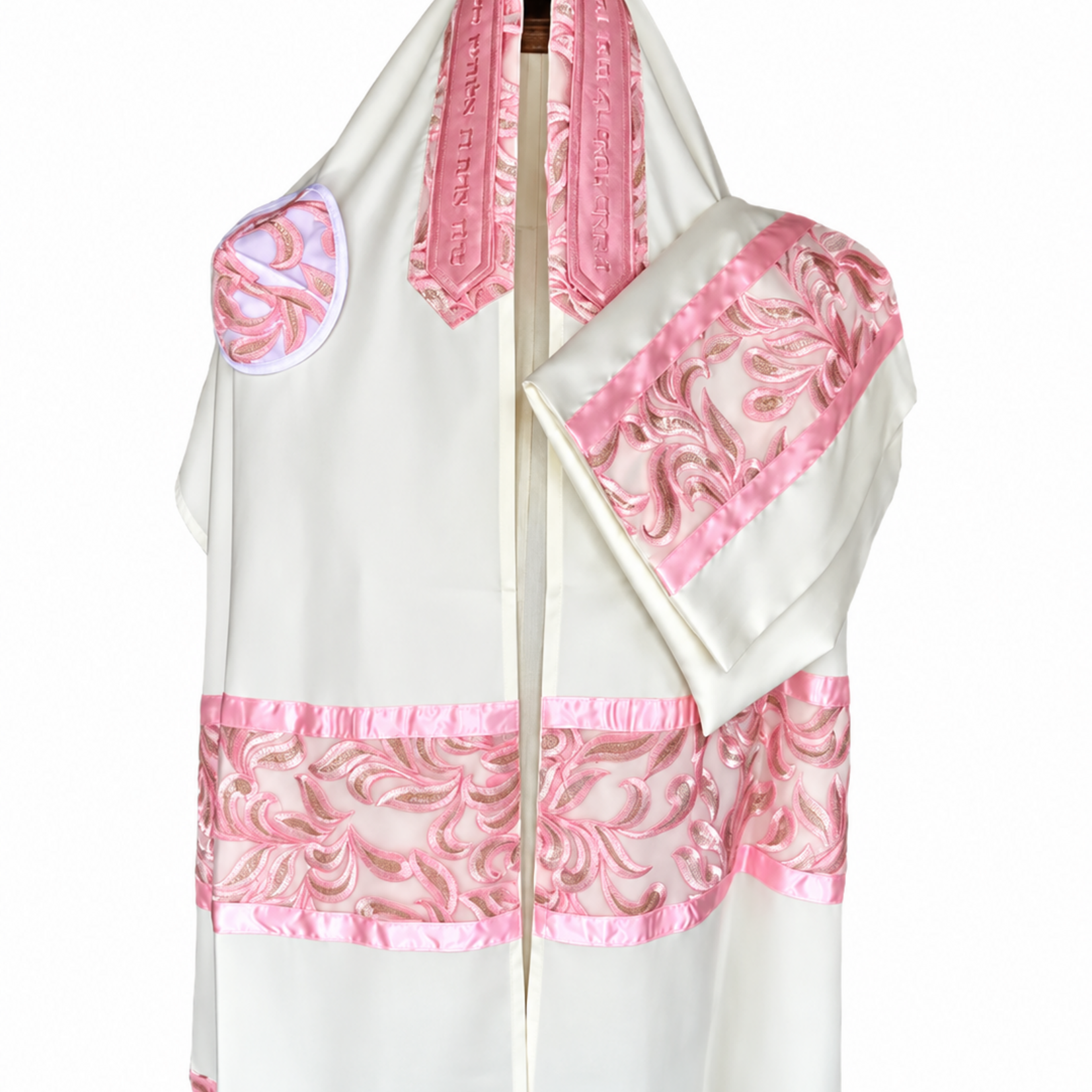 Embroidered Pink and Gold Leaves on Brushed Cotton Tallit
