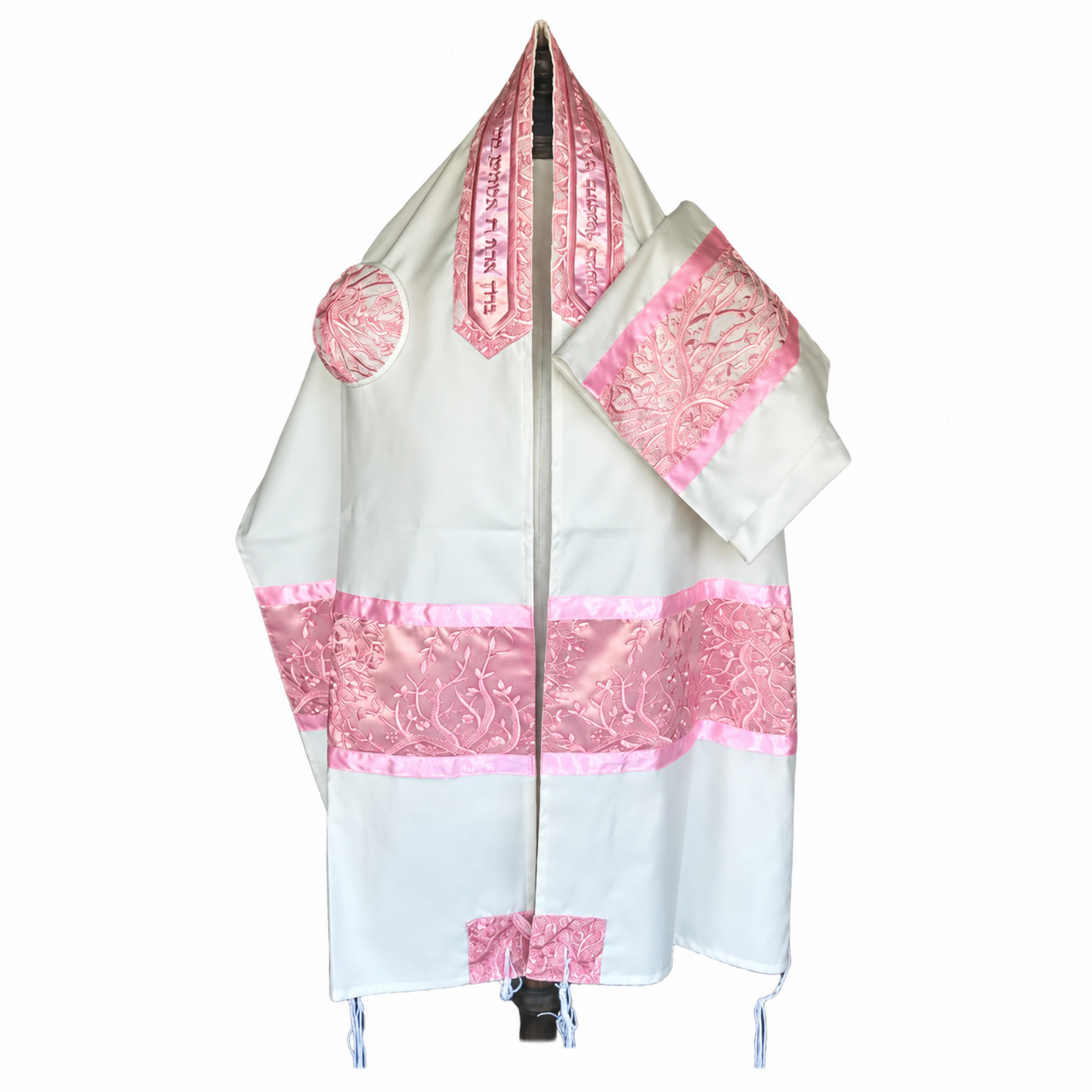 Embroidered Pink Branches on Brushed Cotton Tallit