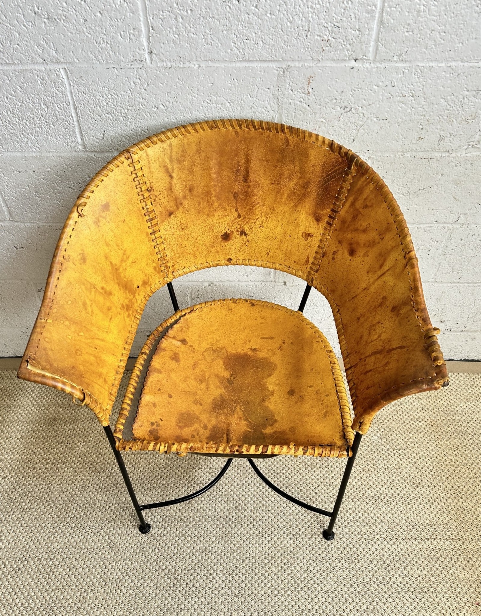 Brutalist Leather Style And Wrought Iron Side Chair