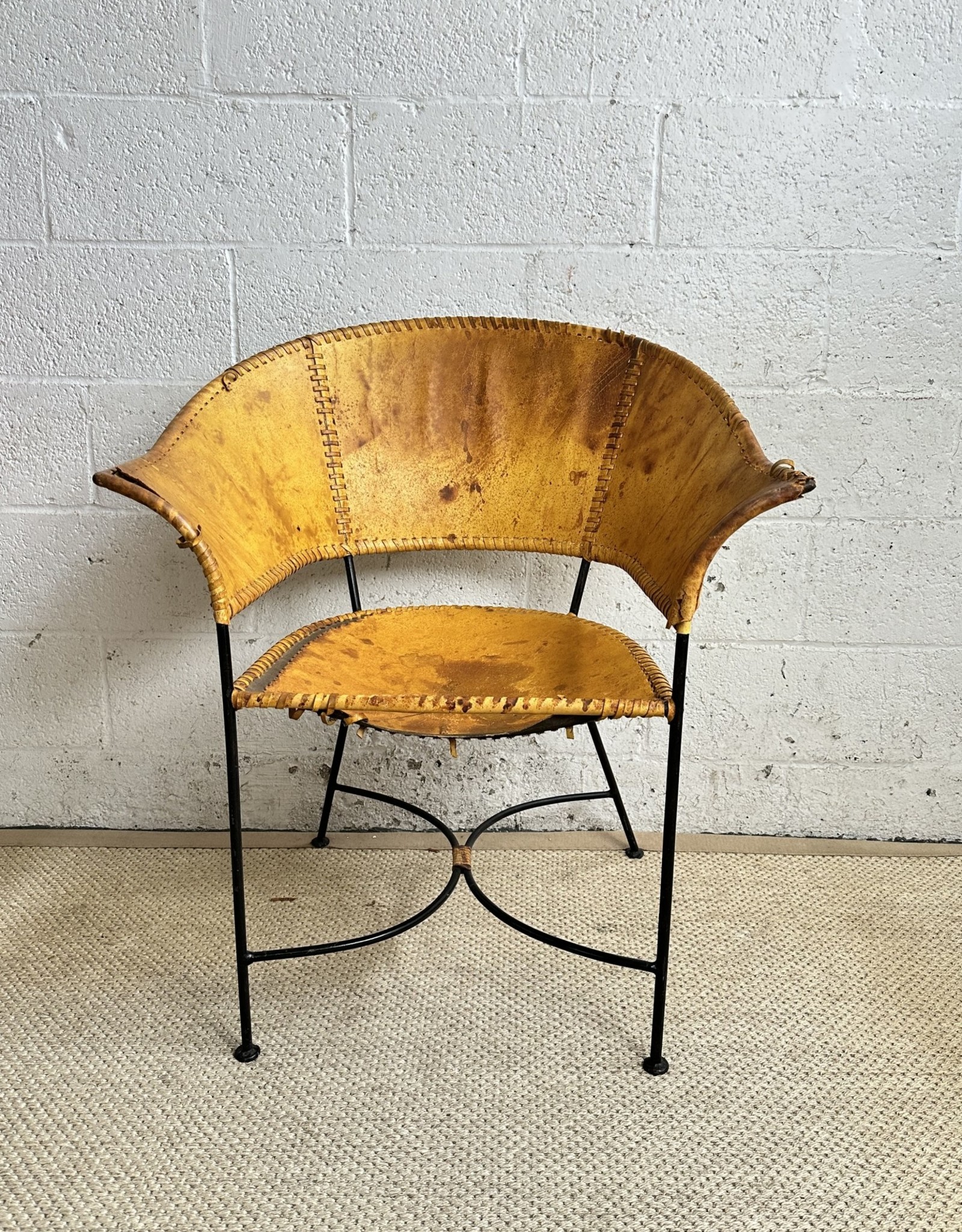 Brutalist Leather Style And Wrought Iron Side Chair