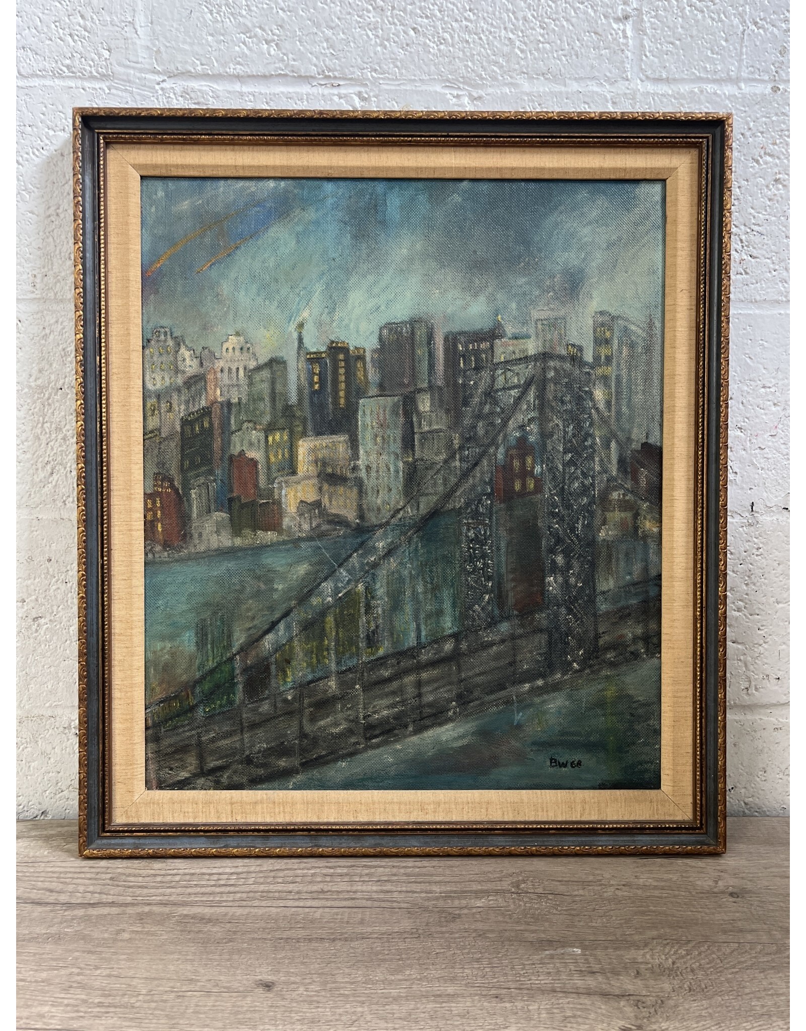 Cityscape, framed oil on canvas, sgnd BW '68