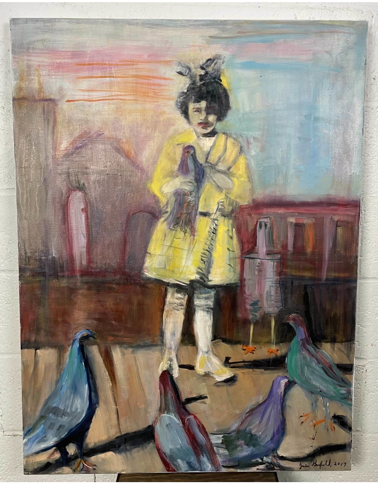 Girl with Pigeons and Robot Acrylic Painting by Julie Garfield 2017