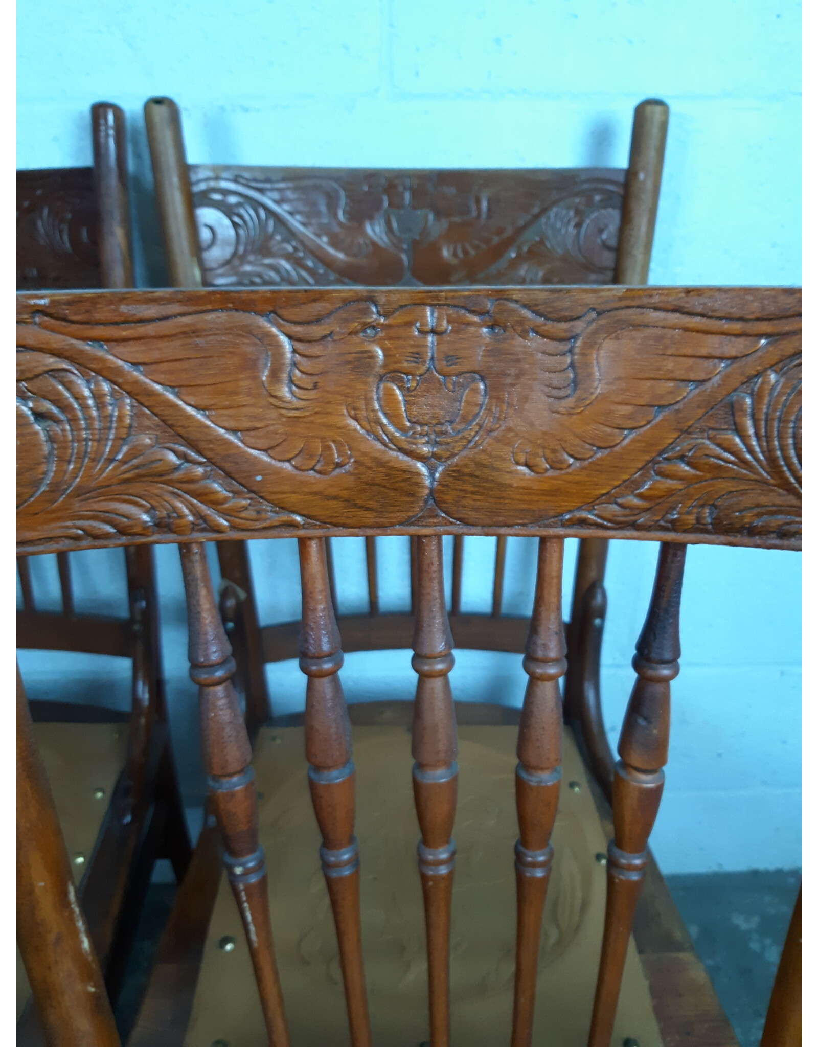 Vintage Oak Dining Chair With Leather Seat & Hand Carved Design