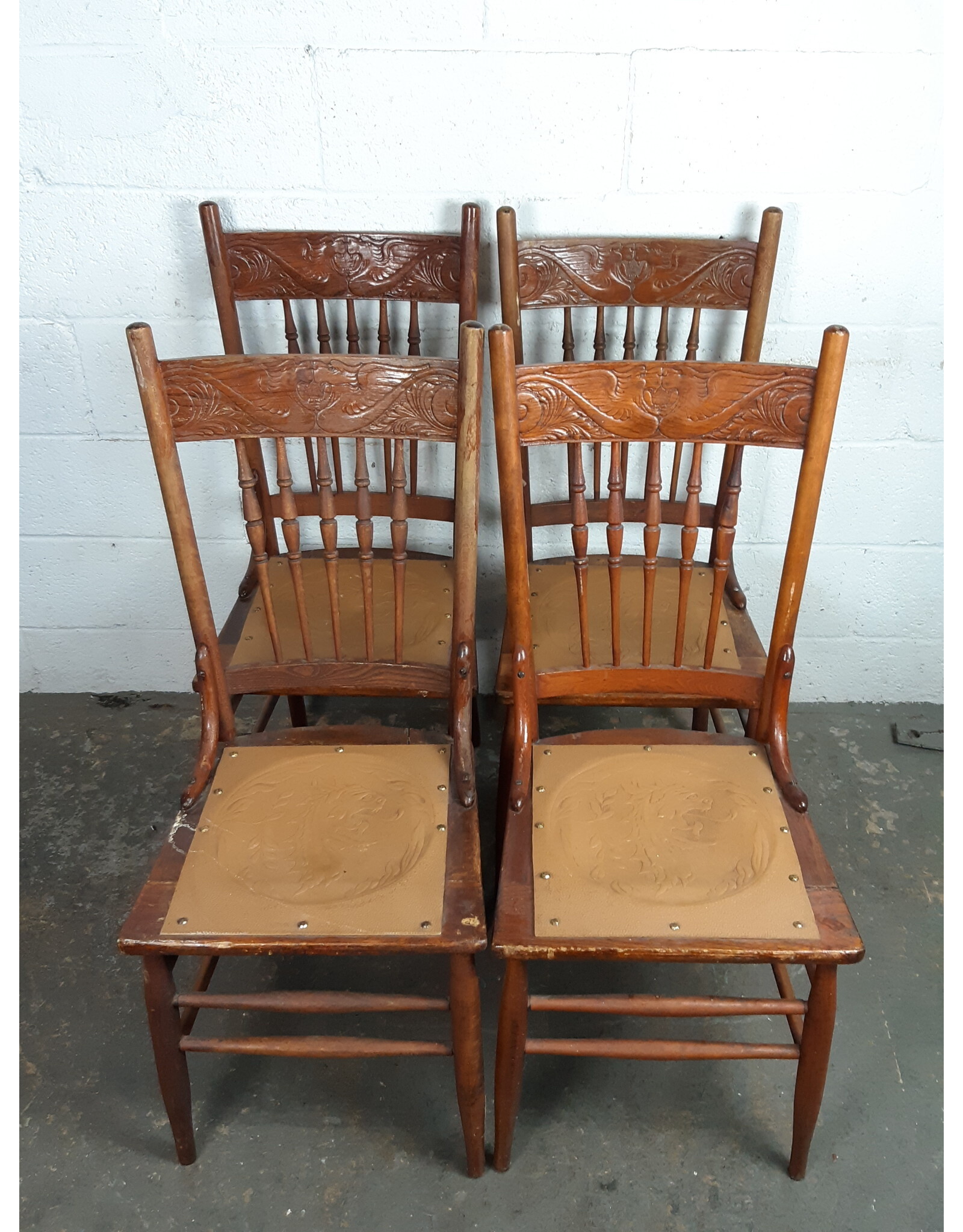 Vintage Oak Dining Chair With Leather Seat & Hand Carved Design