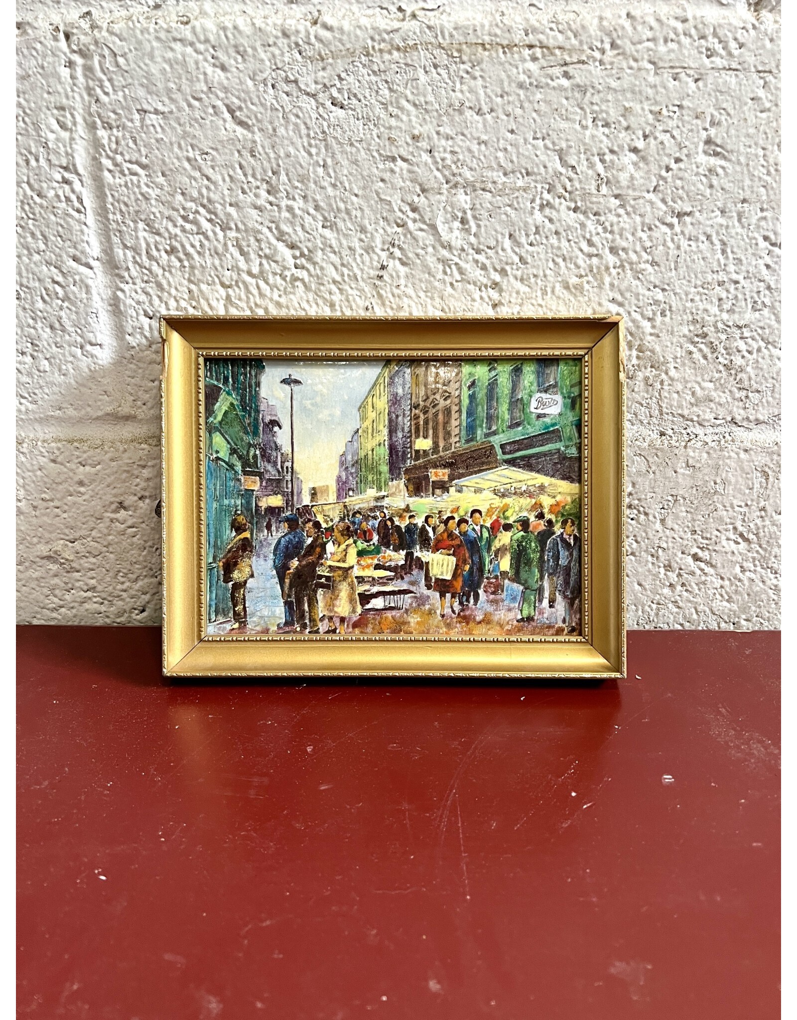 Square, framed enameled impasto style painting