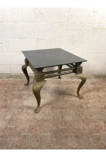 Square Vintage Brass Carved End Table w/Noir Glass Top
