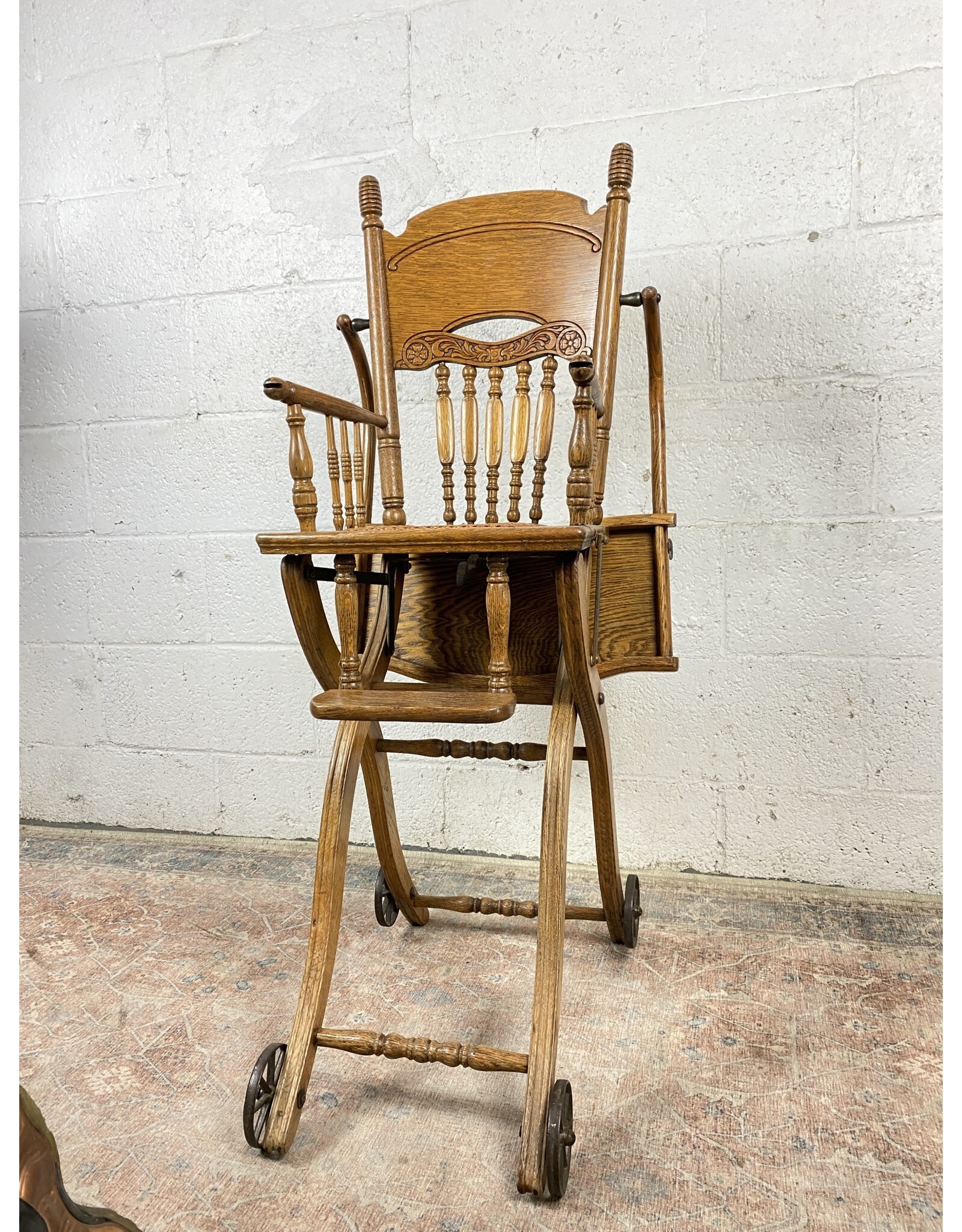 Vintage Antique Victorian Oak Wood Baby High Chair Stroller