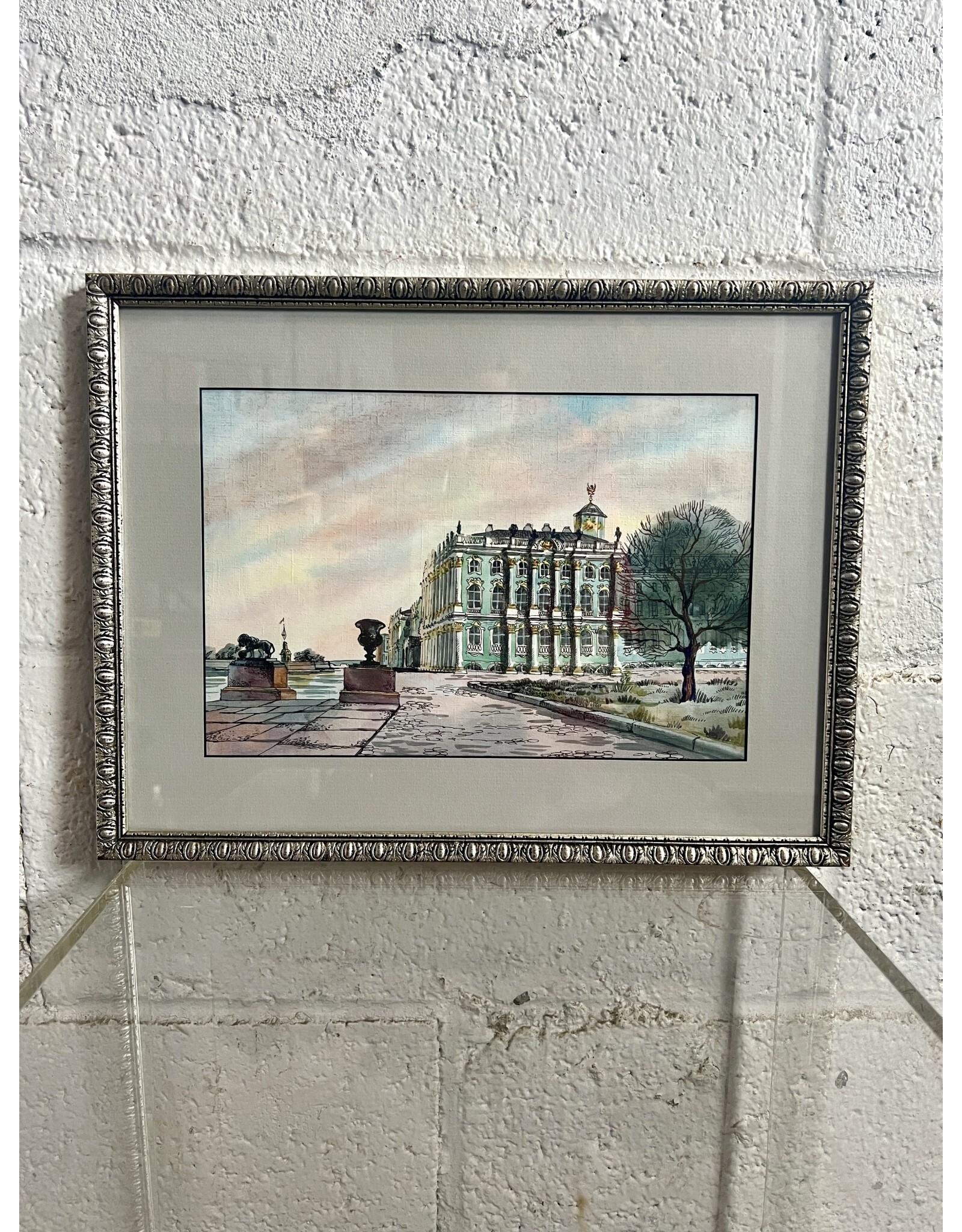 Statues, framed watercolor painting