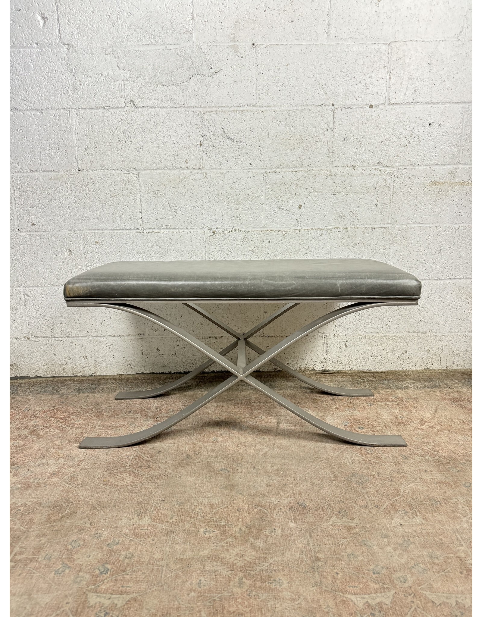 Neo Classic Style Grey Leather X Leg Bench