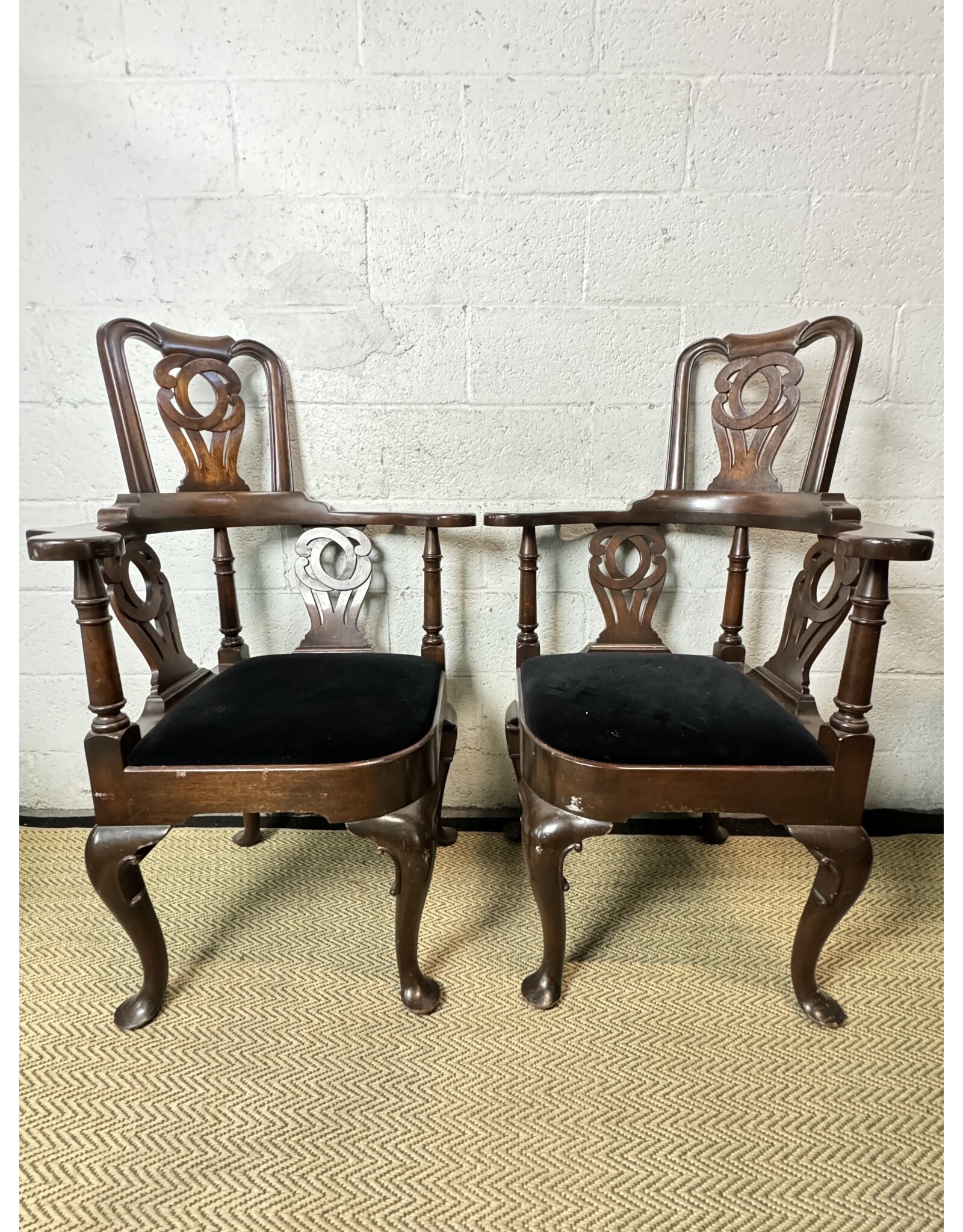 Vintage Style 1990's Mahogany High Back Corner Chair With Black Velvet Fabric