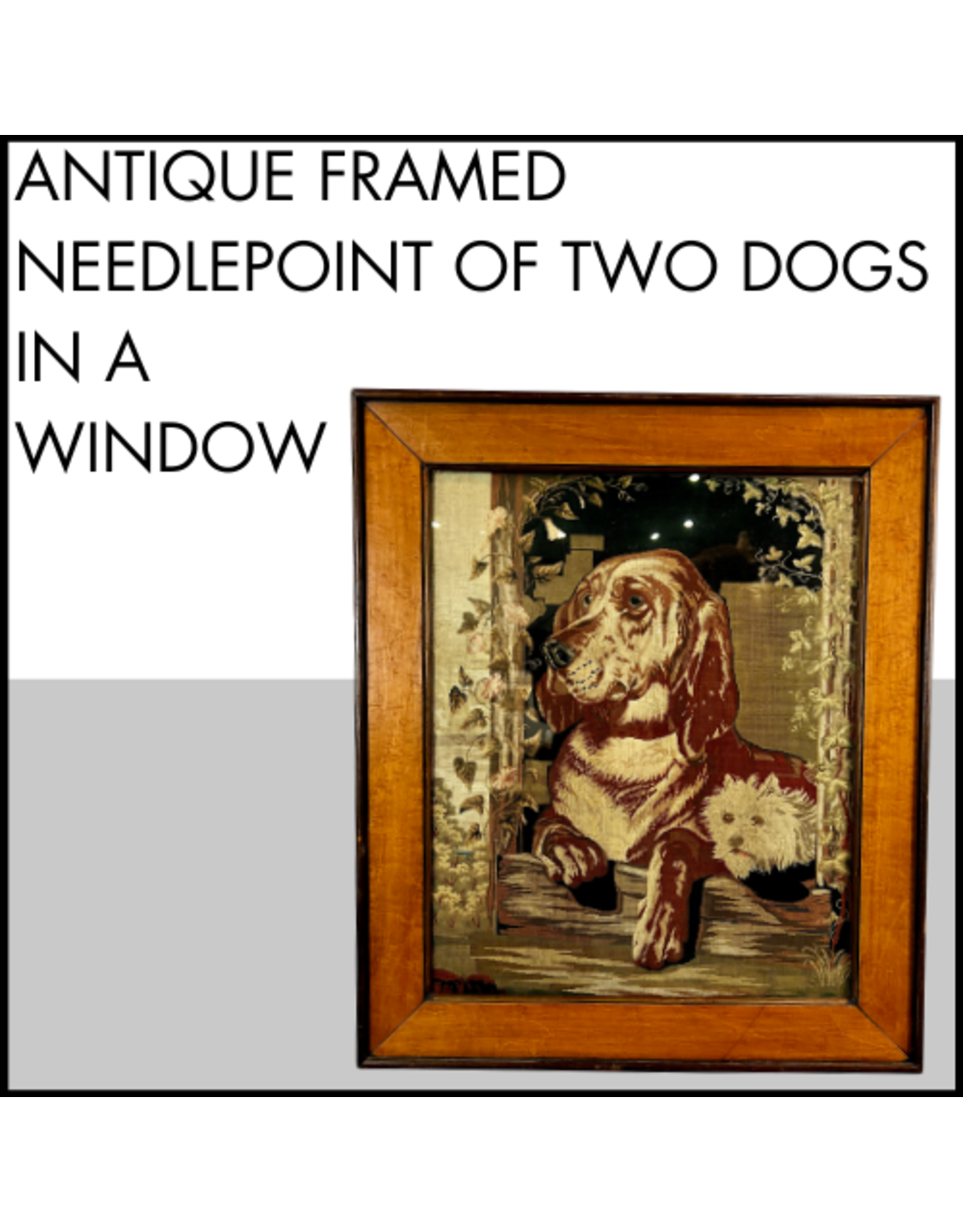 Antique Framed Needlepoint of Two Dogs in a Window