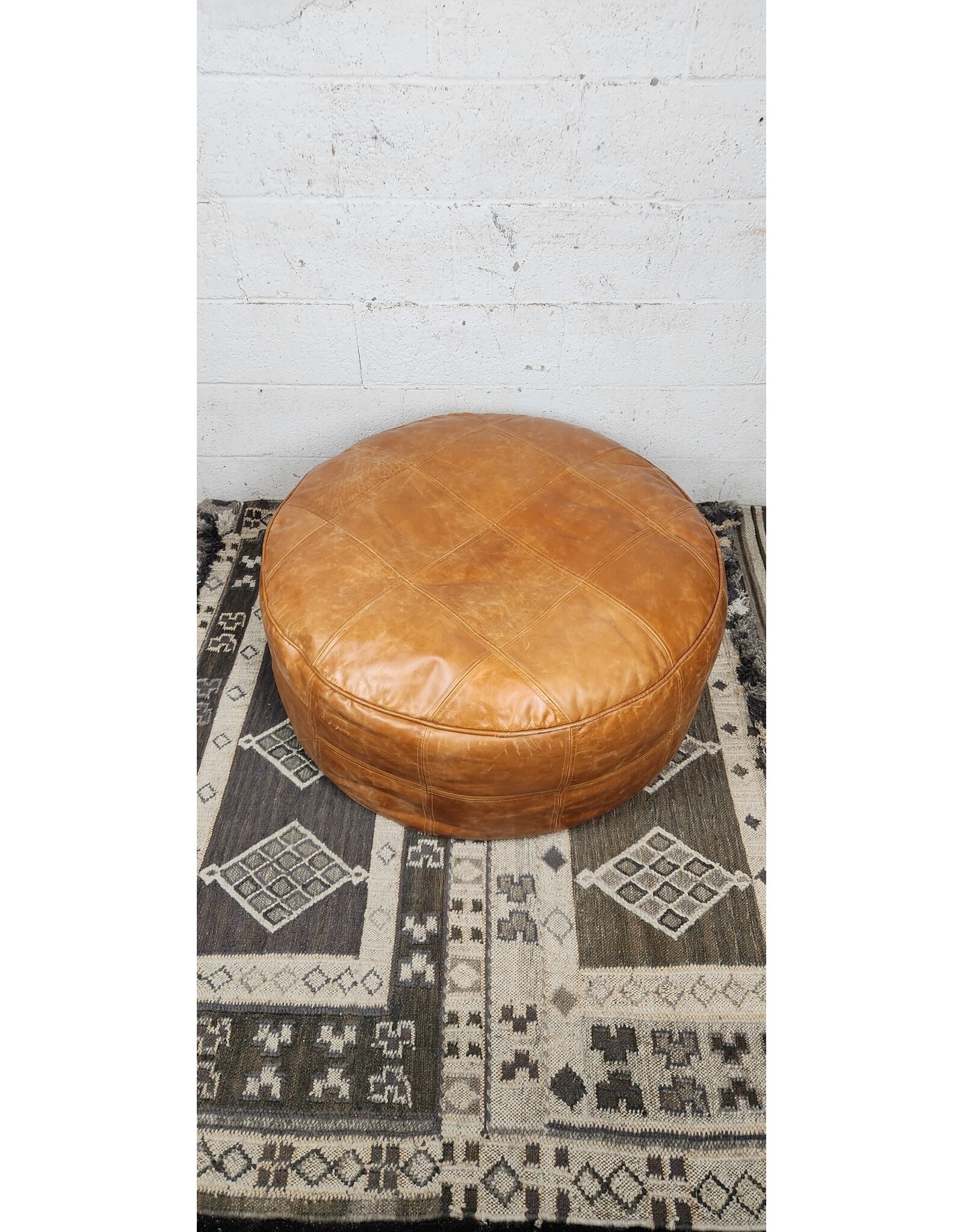 Large Brown Leather Pouf Ottoman Remix Market NYC