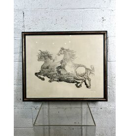 Great Stallions, framed ink drawing, sgnd Jean Kazandijan