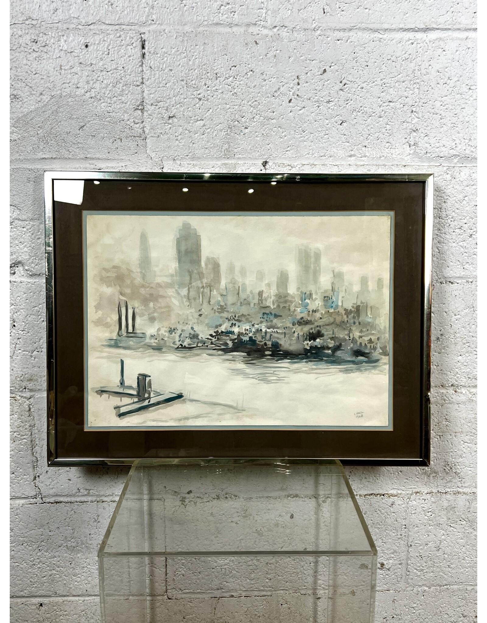 View From Across the River, framed watercolor painting, sgnd Liang 1968