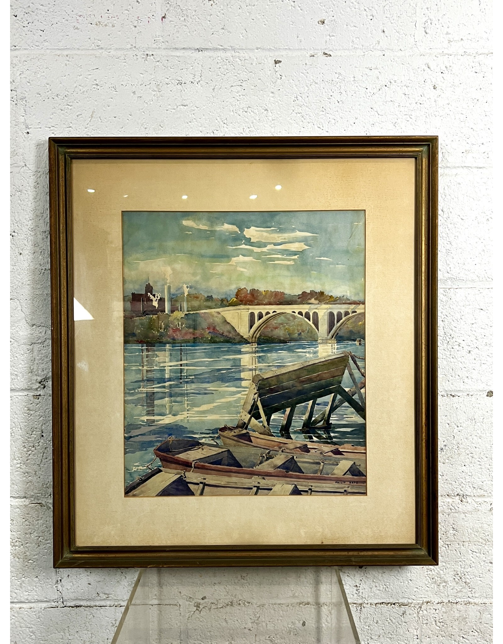 Pleasant Canal, framed watercolor painting, sgnd Philip Retz