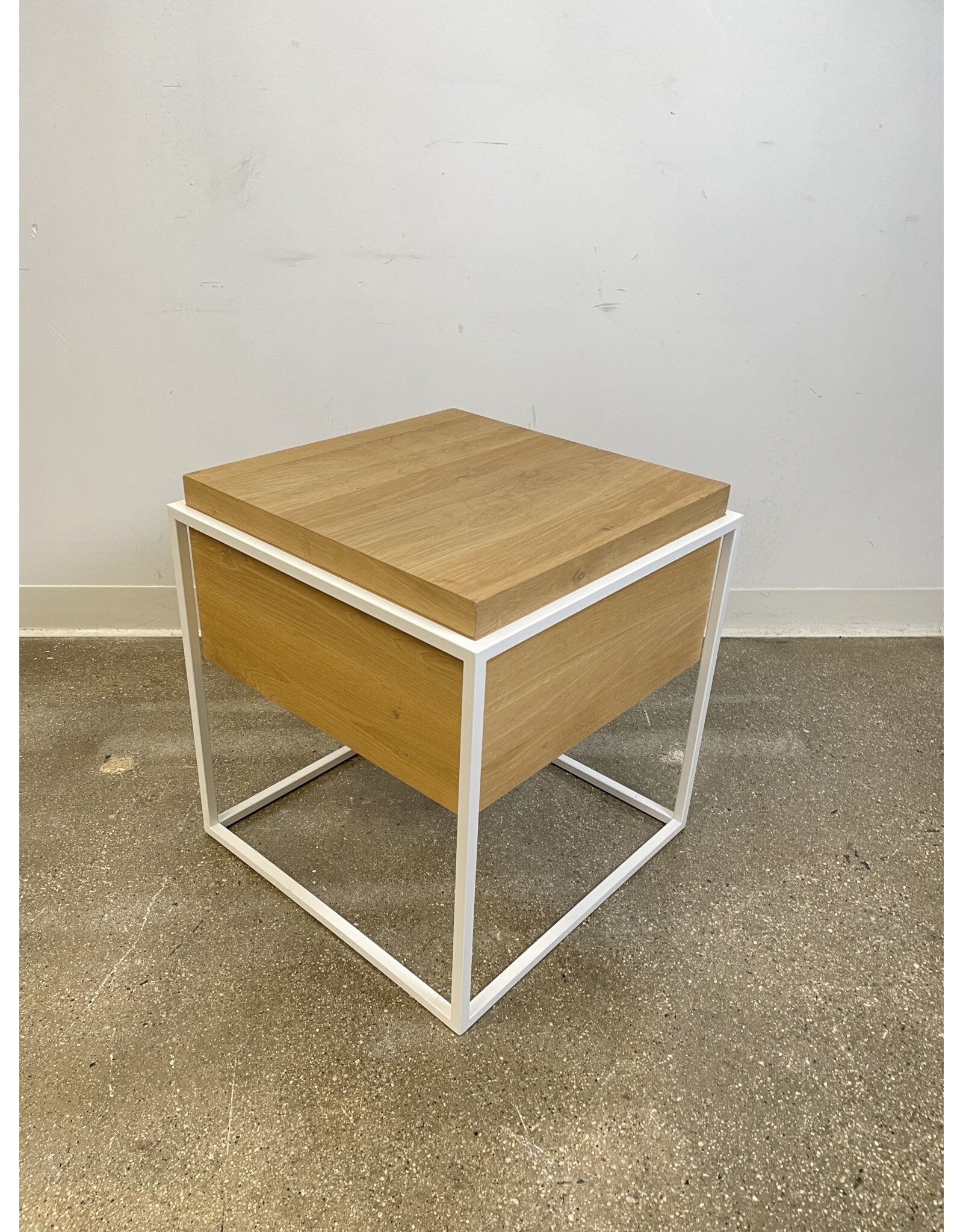 Modern Wooden Side Table with White Metal Frame and Hidden Storage Compartment