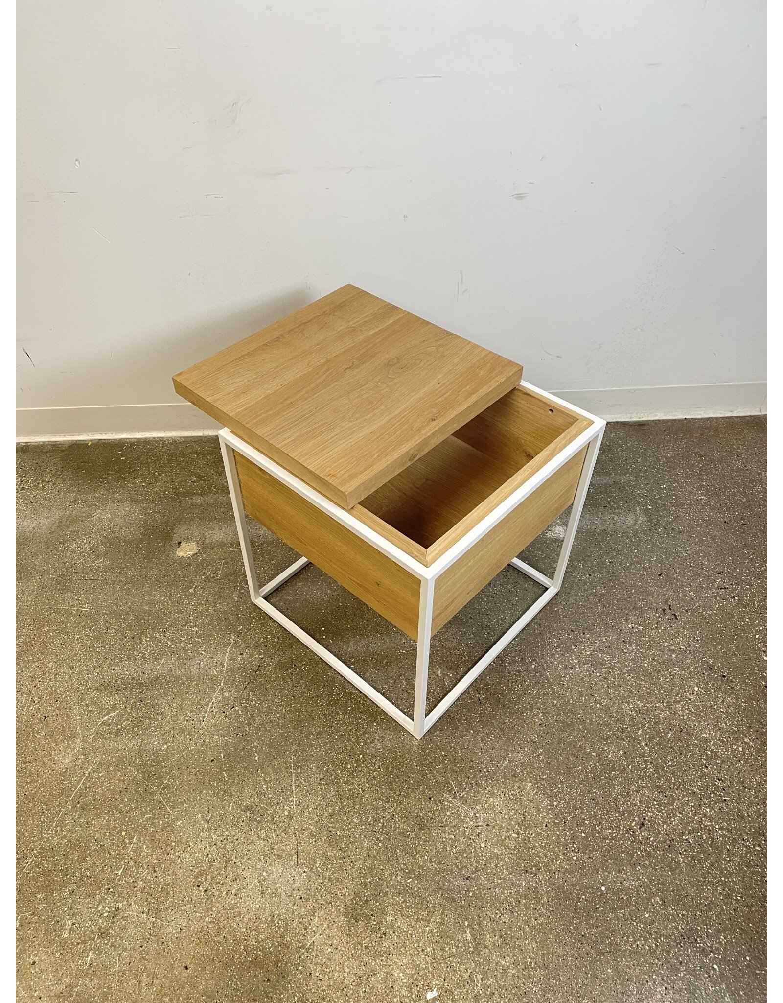 Modern Wooden Side Table with White Metal Frame and Hidden Storage Compartment
