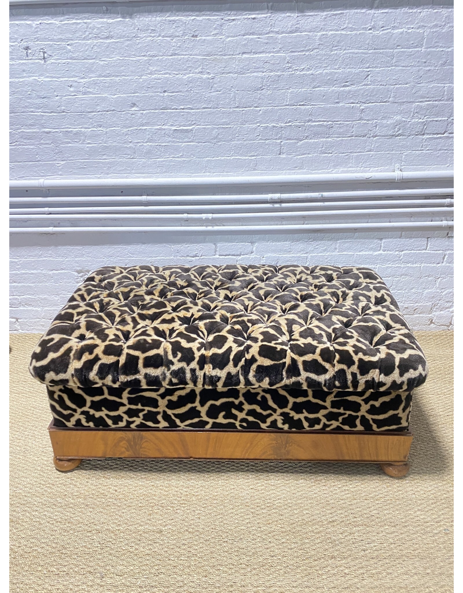 Large Tufted Leopard Print, Wood Base Ottoman/Bench