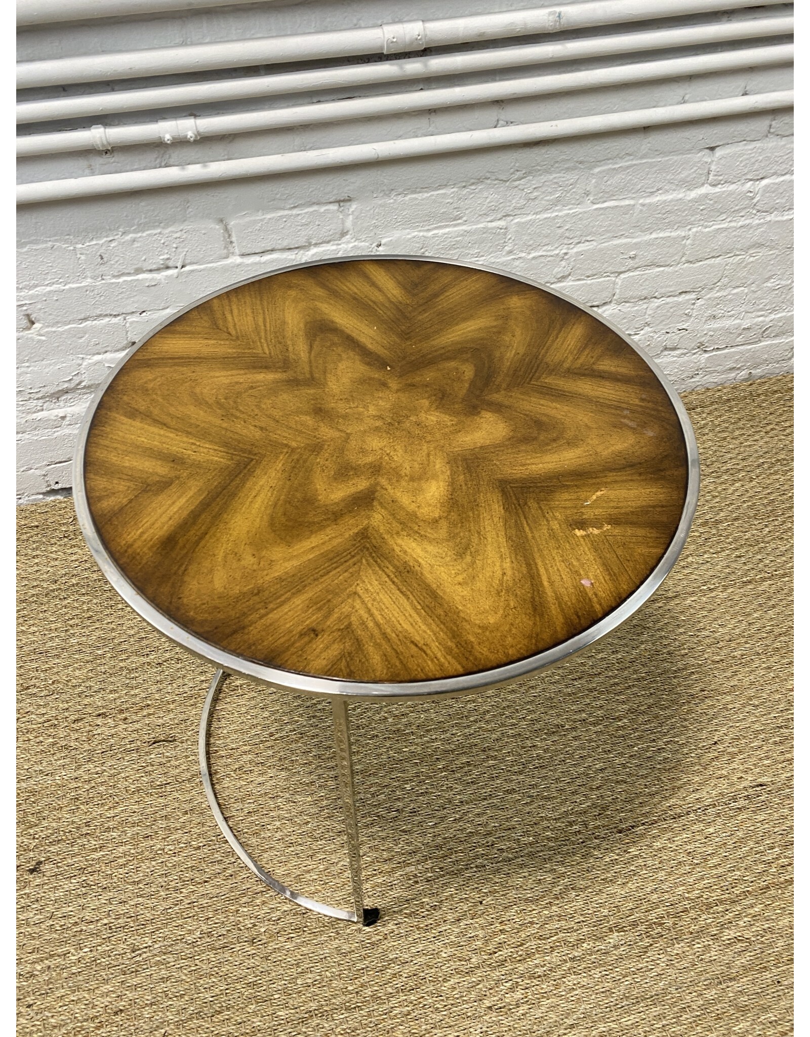 Vintage Mid-Century Modern Side Table, Burled Wood & Stainless Steel