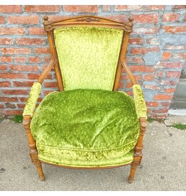 Antique Carved Wooden Chair with Chartreuse Velvet Upholstery
