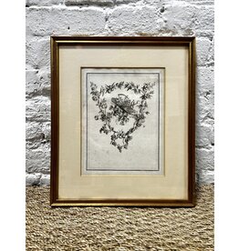 Basket and Florals, framed black and white etching print