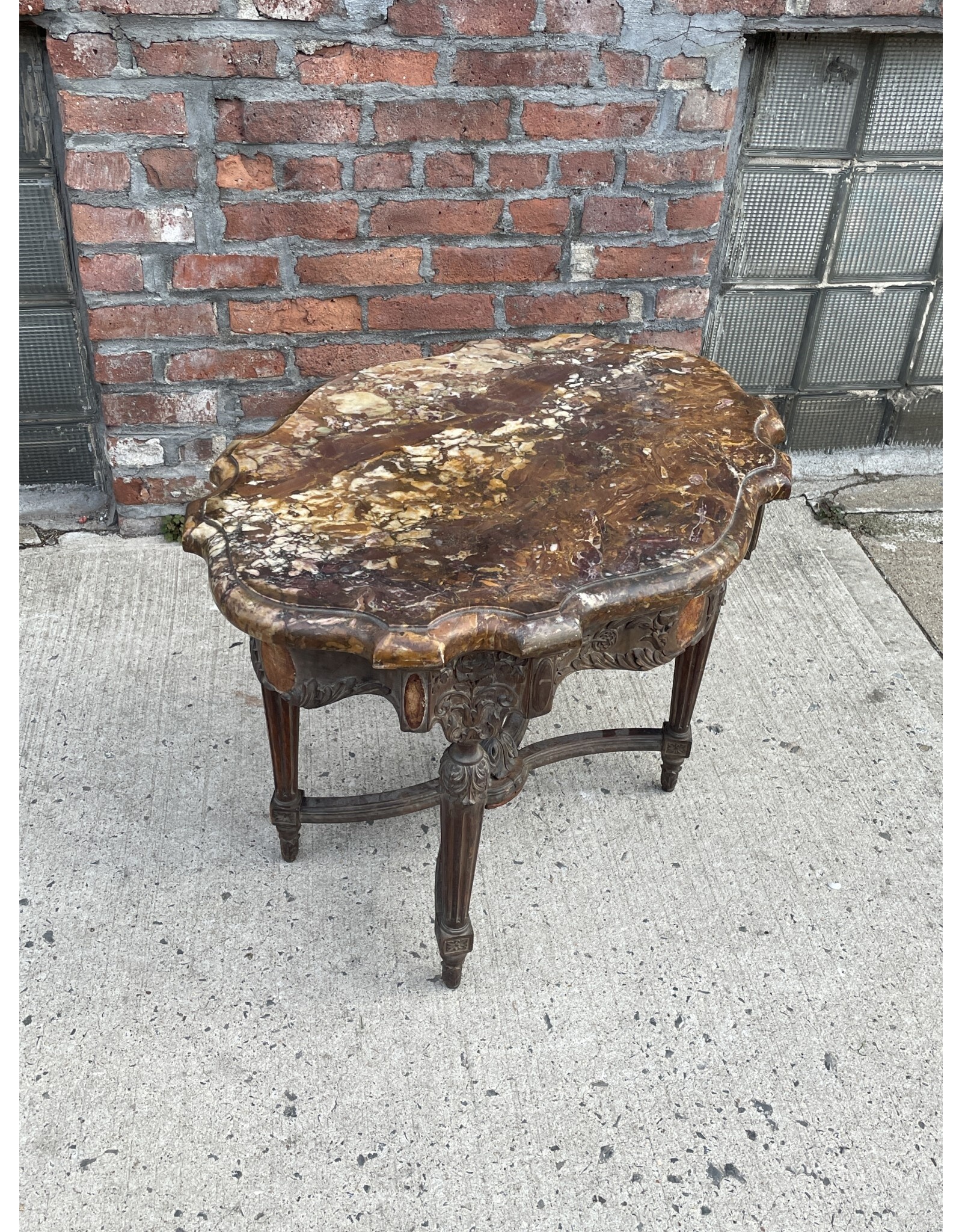 Antique French Marble Top with Carved Round End Table