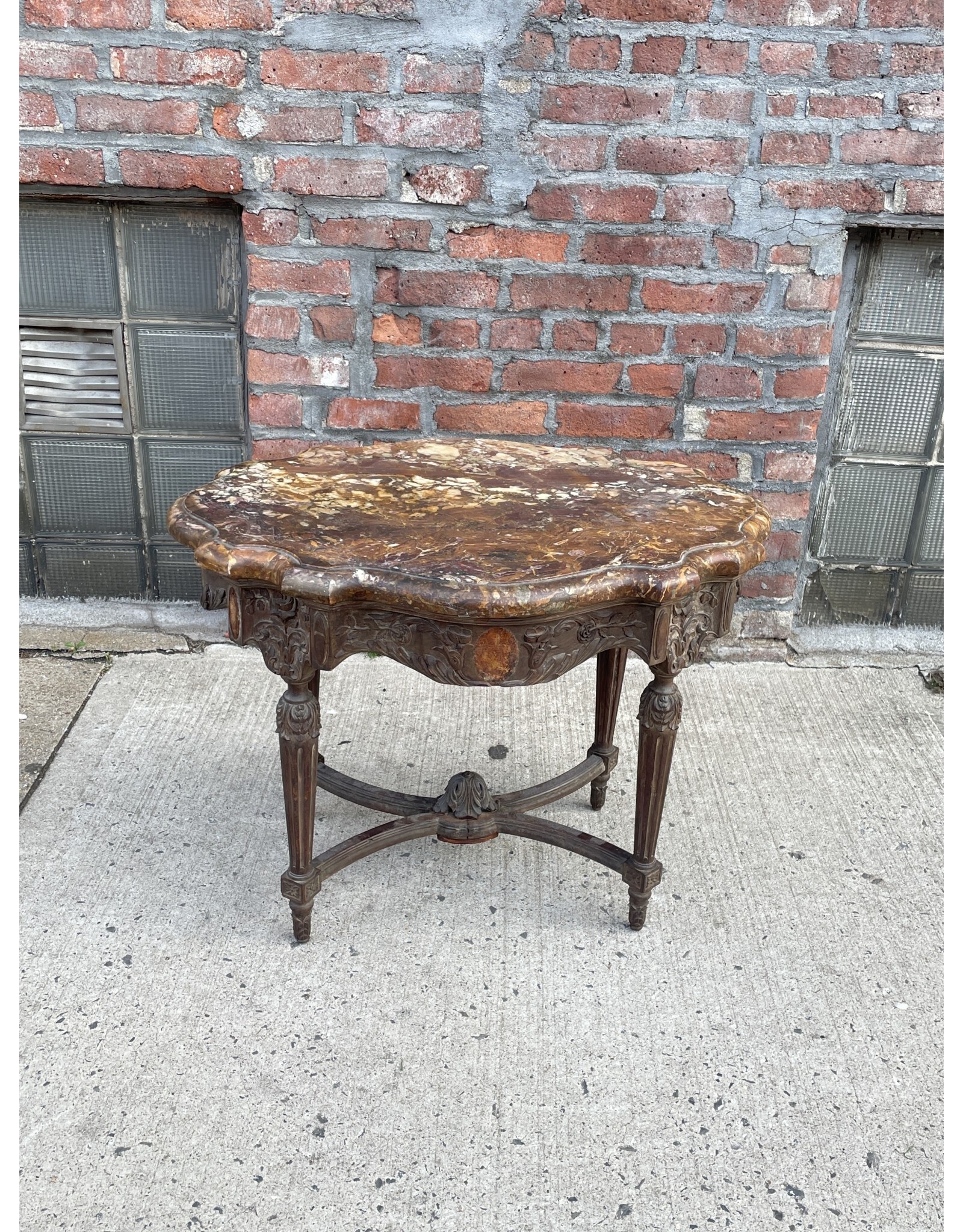 Antique French Marble Top with Carved Round End Table