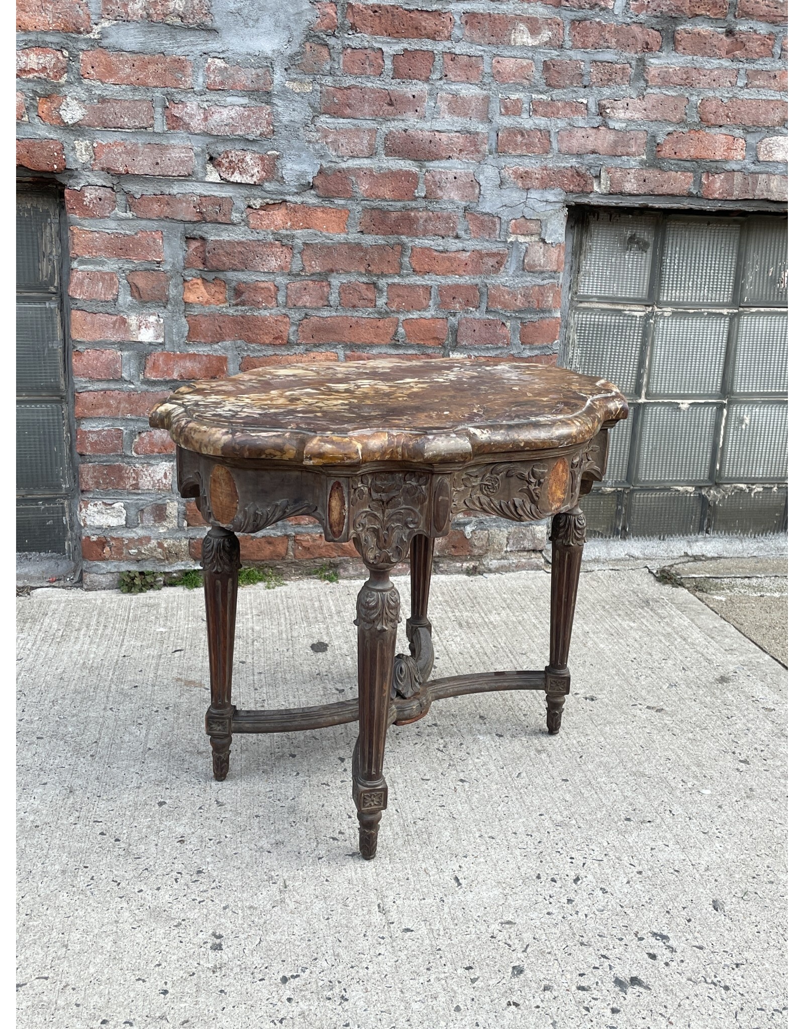 Antique French Marble Top with Carved Round End Table