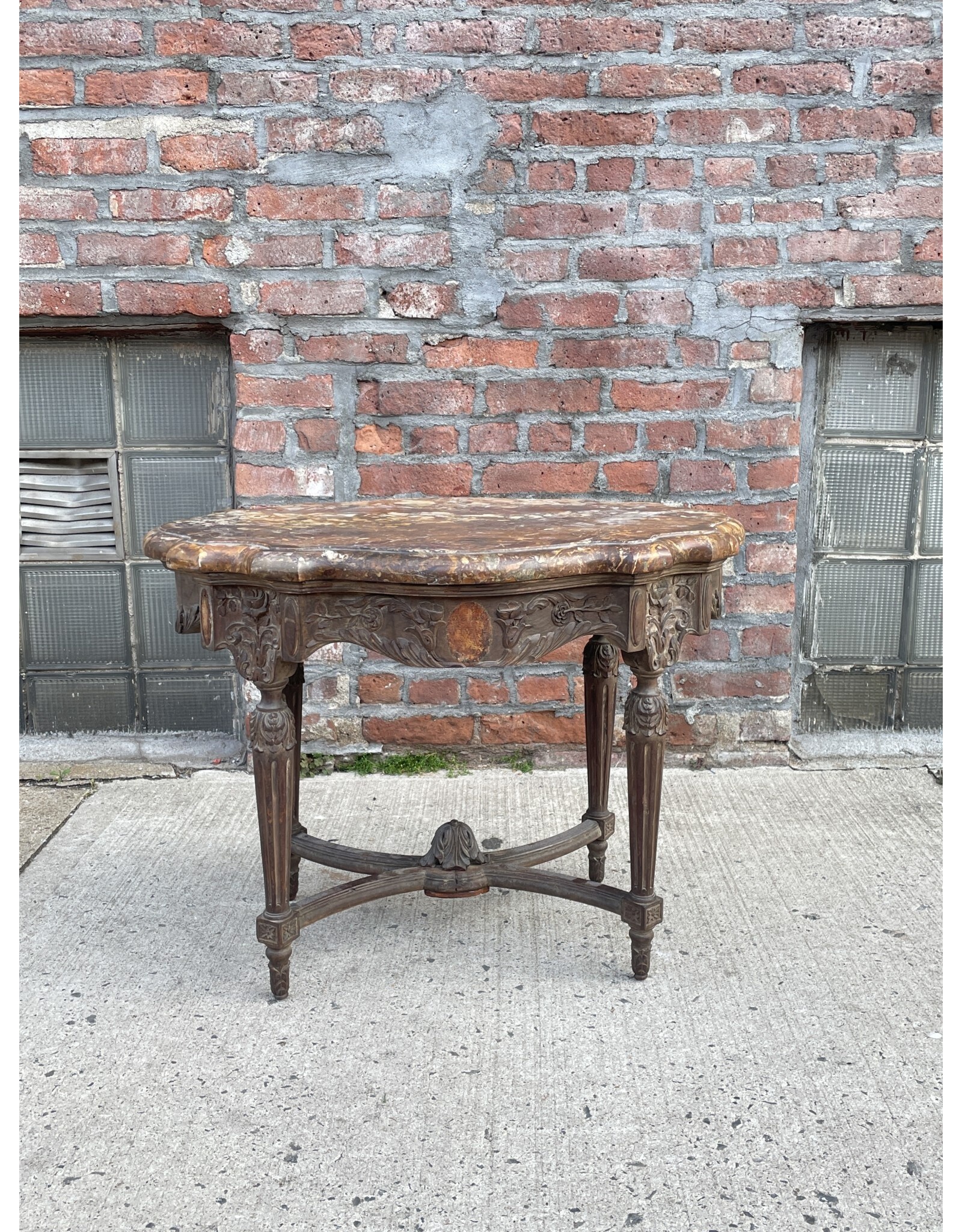 Antique French Marble Top with Carved Round End Table