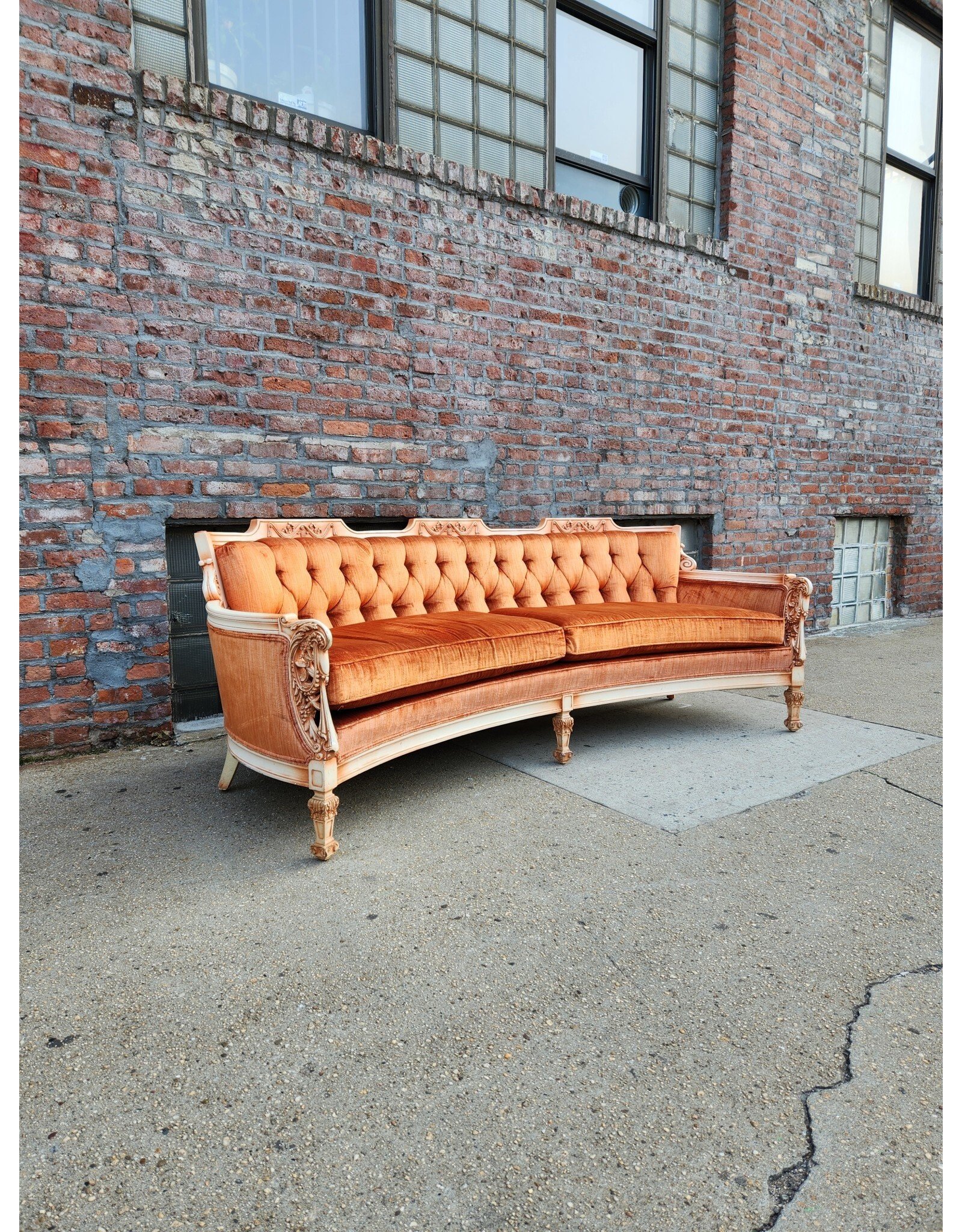 Handcarved and Painted Louis the XVI Orange Velvet Tufted Semi-Circular Sofa