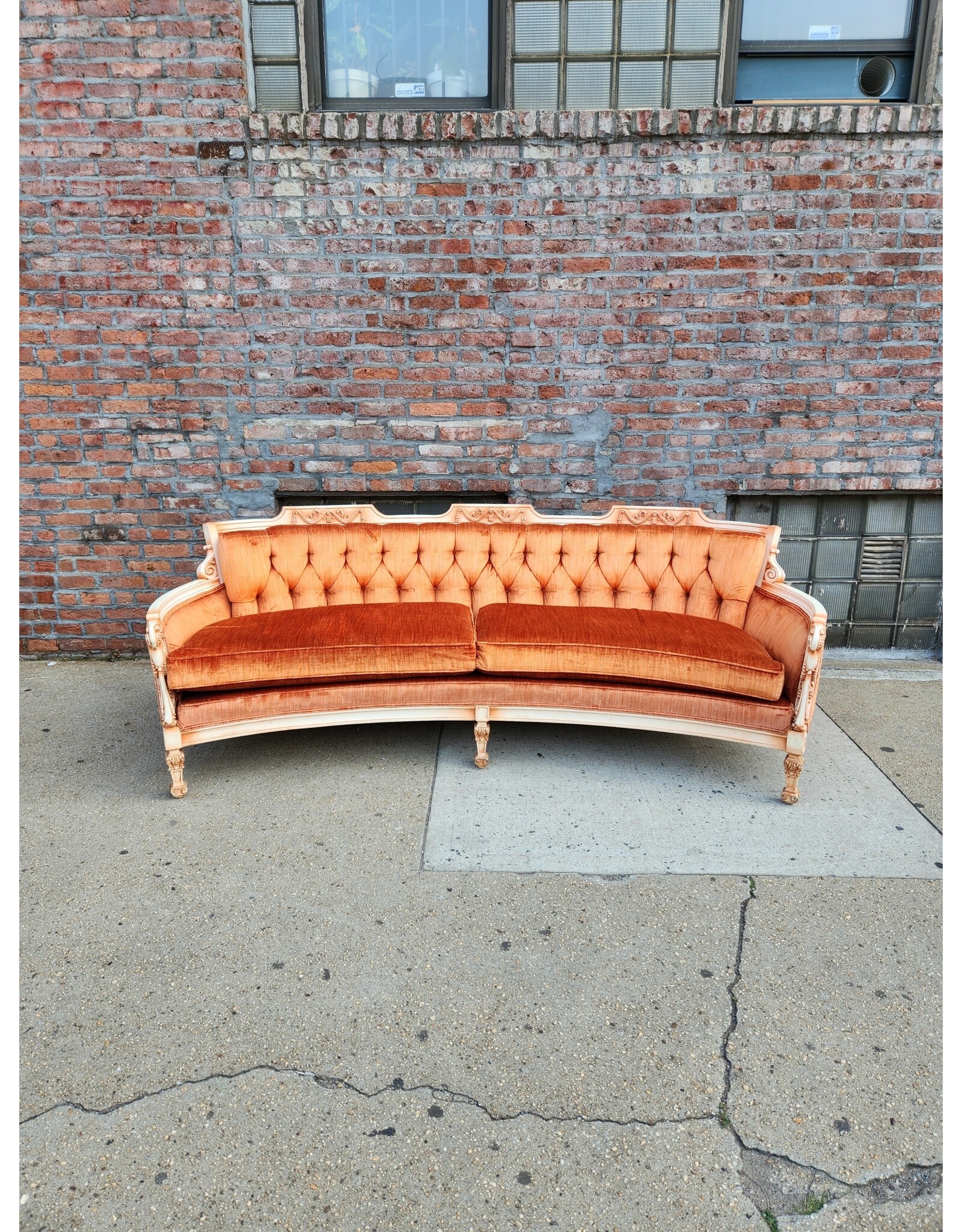 Handcarved and Painted Louis the XVI Orange Velvet Tufted Semi-Circular Sofa